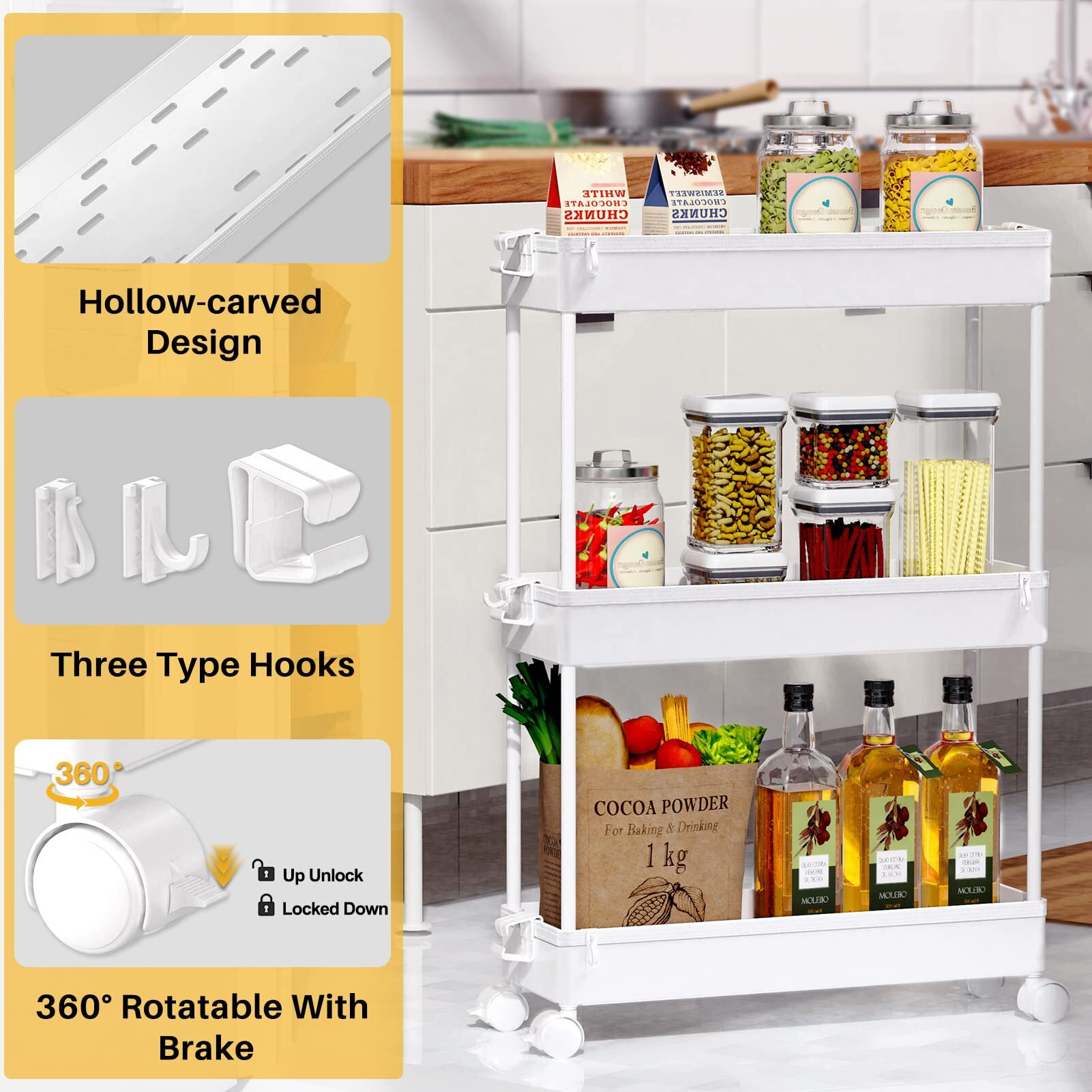 Spacekeeper Slim Rolling Storage Cart, 3 Tier Bathroom Storage Organizer Laundry Room Utility Cart Mobile Shelving Unit, Multi-Purpose For Kitchen Office Bathroom Laundry Narrow Places, White