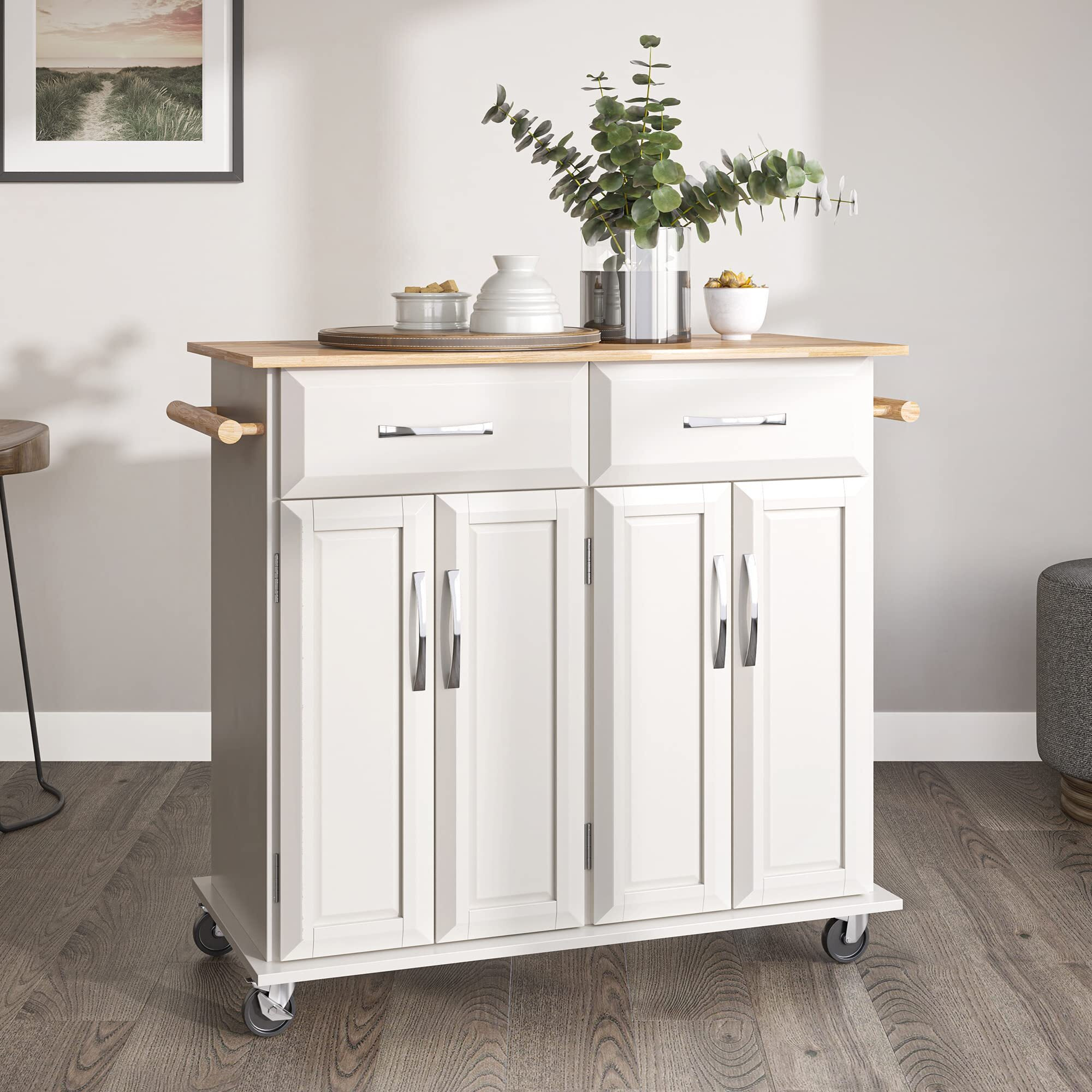 Belleze Rolling Kitchen Island Cart On Wheels With Storage Cabinet, Mobile Kitchen Cart Island Table With 2 Drawers Towel Racks Rubber Wood Top Coffee Bar For Dinning Room, 41.7   Lx18.5   Wx37   H, White