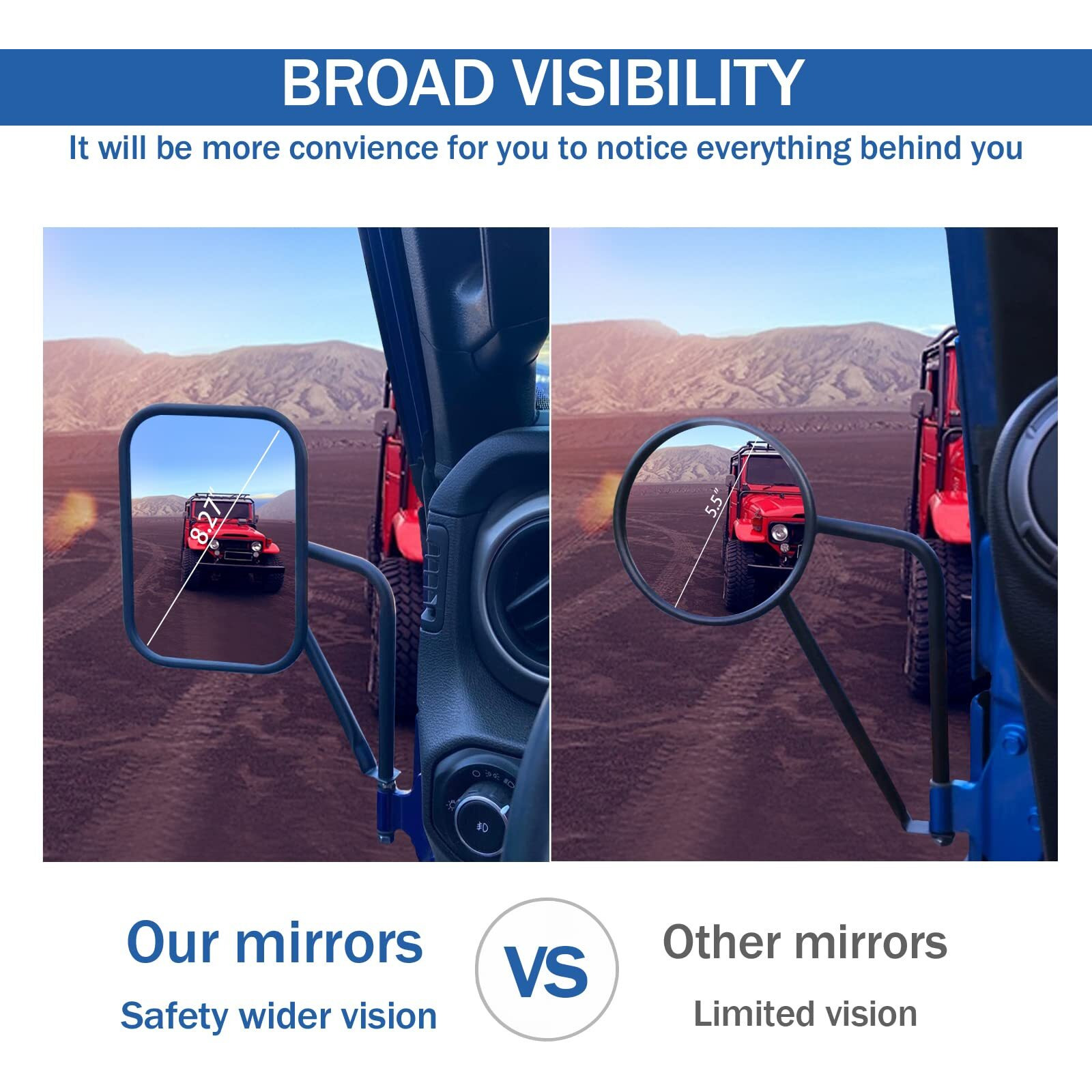 Calbeau Mirrors Doors Off, 2 Pack Square Adventure Side View Mirrors For Jeep Wrangler Cj Yj Tj Jk Jl Jt Unlimited Accessories, Quicker Install Door Hinge Mirror For Safe Doors Off Driving
