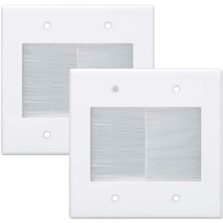 Kebulldola 2 Gang Brush Wall Plate White 2 Pack, Double Gang Cable Management Kit For Tv Coaxial, Hdmi, Ethernet Cables, Speaker Wires And Power Cords Pass Through.
