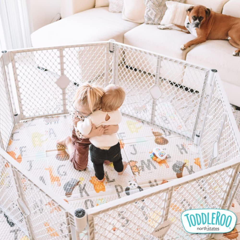 Toddleroo By North States Superyard 6 Panel Baby Play Yard. Playpen Or Extra Wide Baby Gate, Wall Mount Kit Included. Made In Usa. 38.5"" - 201"" Wide, 5.5 Ft Corner To Corner Play Yard (26"" Tall, Gray)