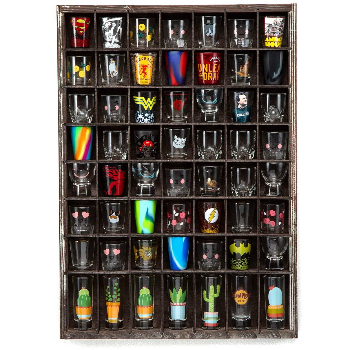 J Jackcube Design - Rustic Wood Shot Glasses Display Case 56 Compartments Wall Mount Pint Glass Shadow Box Bar Cabinet Collection Freestanding - Mk524A