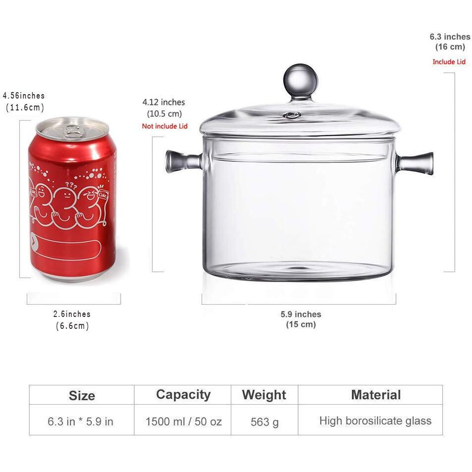 Glass Saucepan With Cover, 1.5L/50 Fl Oz Heat-Resistant Glass Stovetop Pot And Pan With Lid, The Best Handmade Glass Cookware Set Cooktop Safe For Pasta Noodle, Soup, Milk, Baby Food