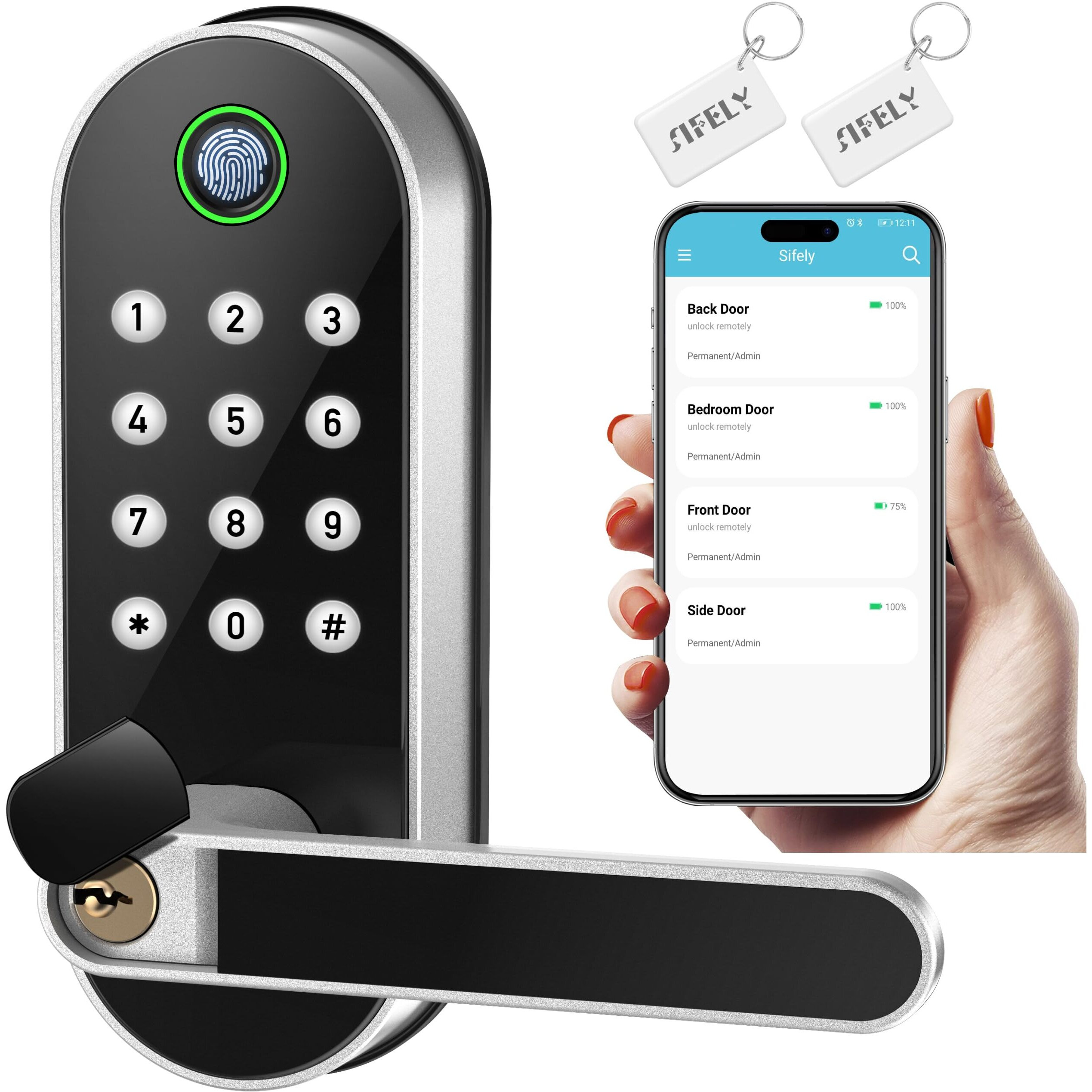Keyless-Entry Fingerprint Smart Door Lock Sifely Digital Electronic Lock With Code Passcode, Electric Door Knob, Biometric Door Handle Lock, Perfect For Exterior/Interior/Entry/Bedroom Doors (Silver)