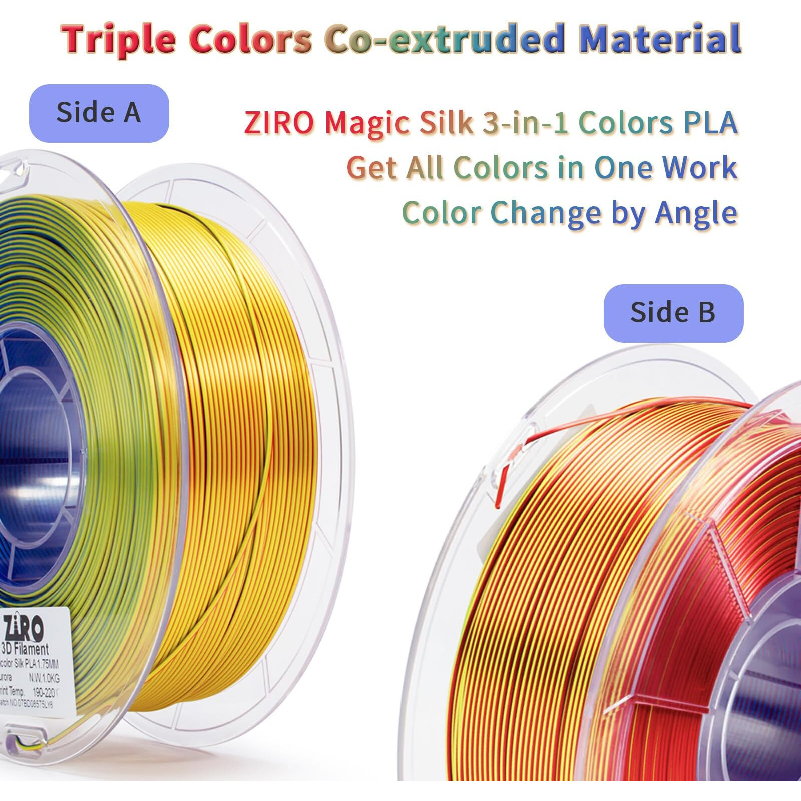 Ziro Pla Filament Triple Color Coextrusion Silk 3D Printer Filament 1.75Mm For 3D Printer & 3D Pen, Multicolor Pla Rainbow Filament, 1Kg(2.2Lbs),Aurora