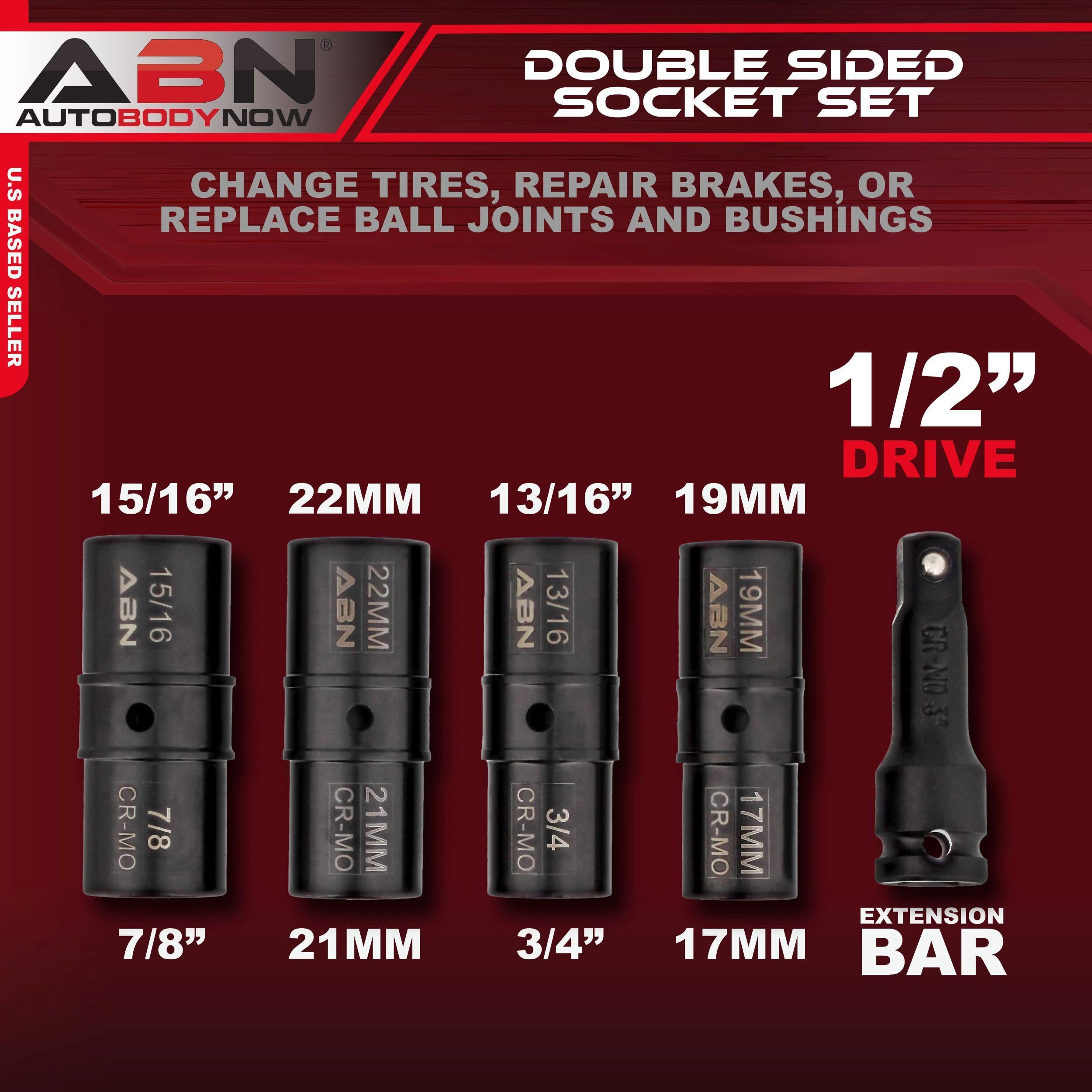 Abn Double Side Lug Nut Socket Set, 5Pc - 1/2-Inch Drive Flip Impact Sockets Lug Nut Extractor Set Reversible Sockets