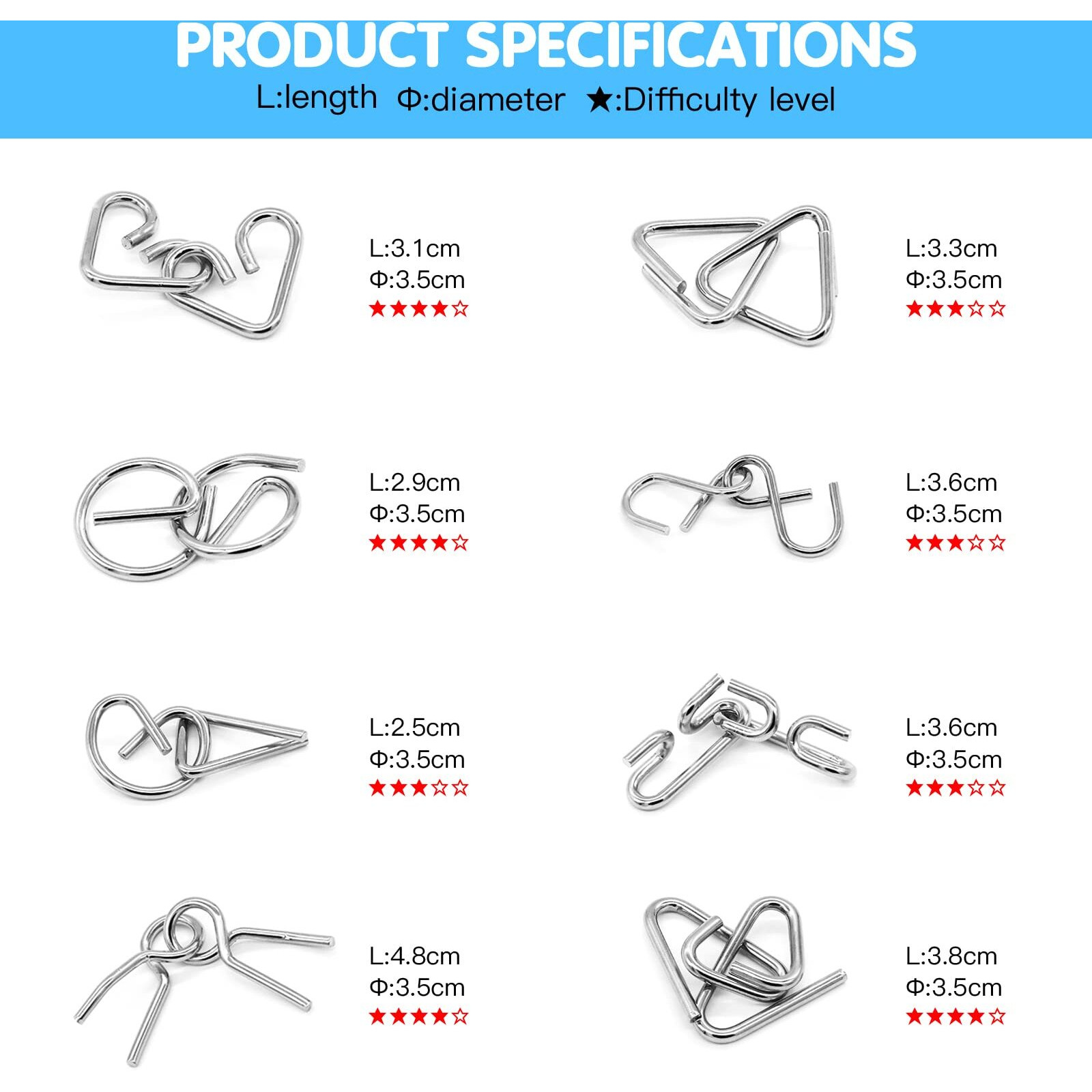 Padike Metal Puzzle Rings, Iq Test Mind Game Toys, Brain Teaser Metal Wire Puzzle Game, Magic Trick Metal Toy, 16 Pack