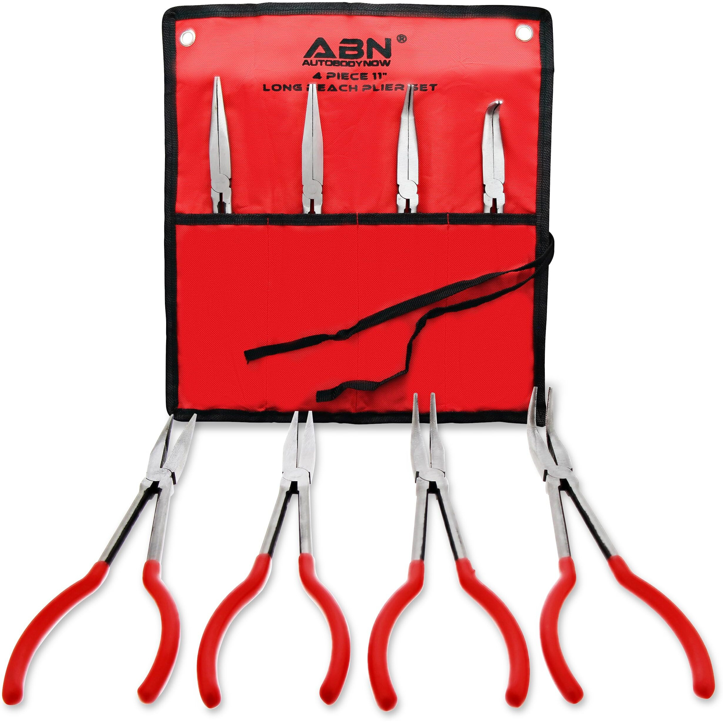 Abn Long Reach 11In Plier 4-Piece Set - 90-Degree Angle, 45-Degree Angle, Straight Needle Nose, And Duckbill Pliers