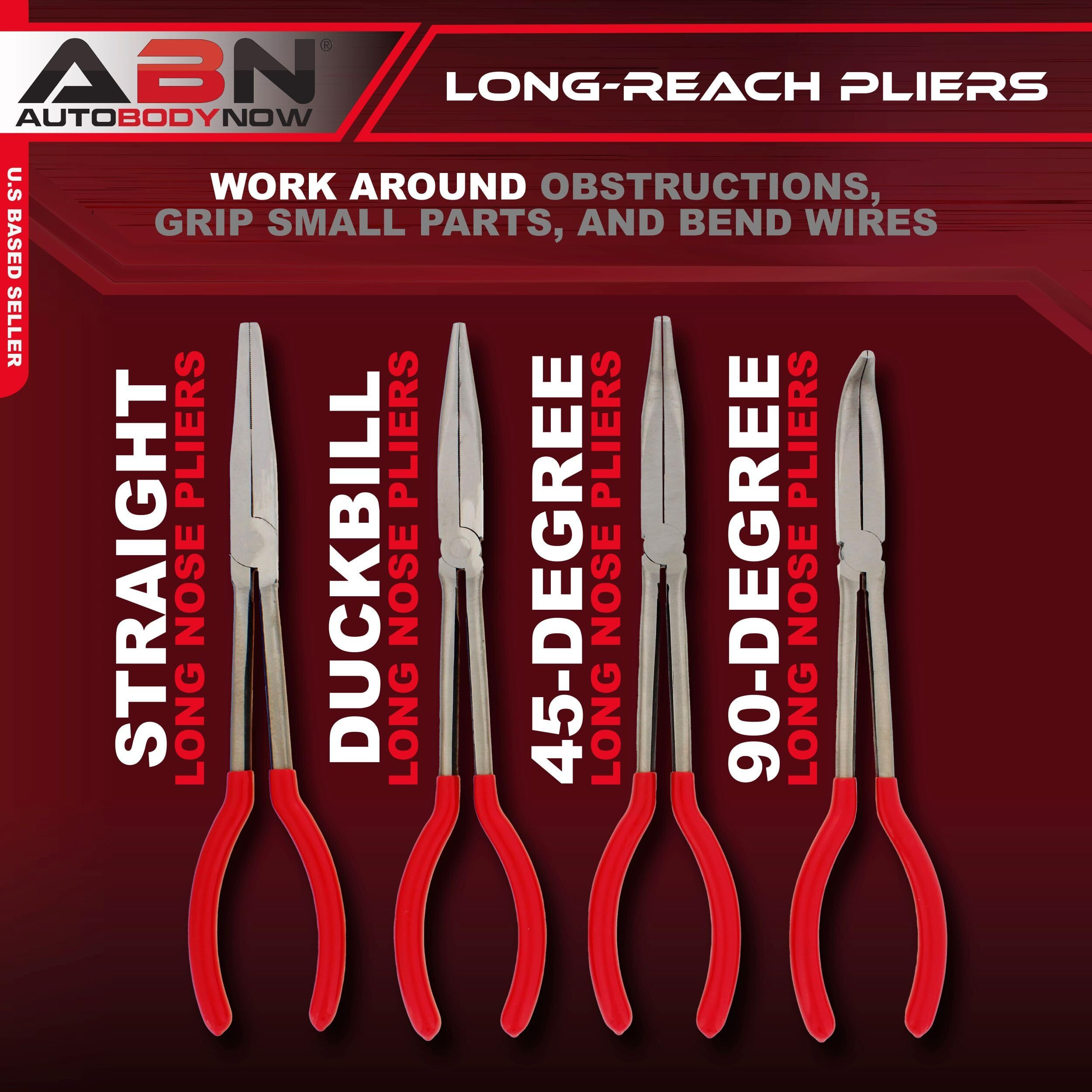 Abn Long Reach 11In Plier 4-Piece Set - 90-Degree Angle, 45-Degree Angle, Straight Needle Nose, And Duckbill Pliers