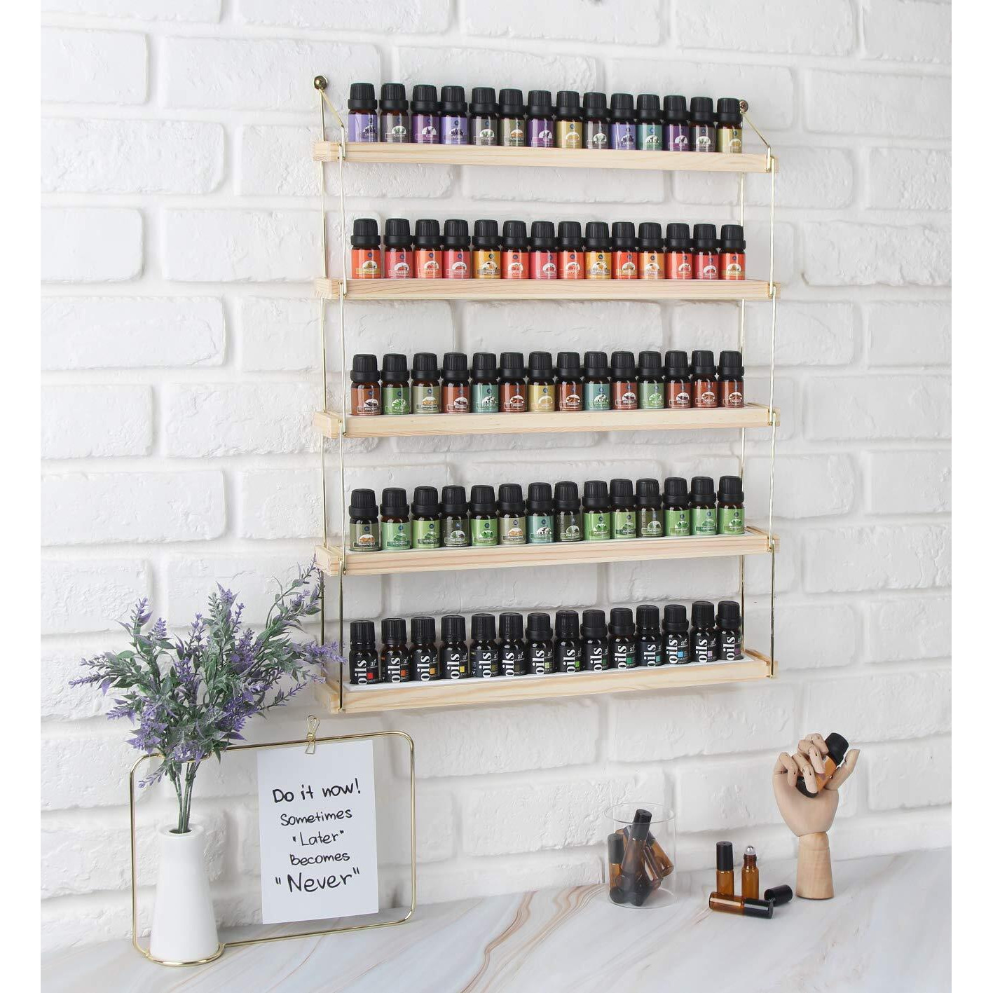 J Jackcube Design Wall Mount Essential Oils Display Shelf With 5 Tier For 70 Bottles Holder Gold Frame And Wood Rack Organizer - Mk482B
