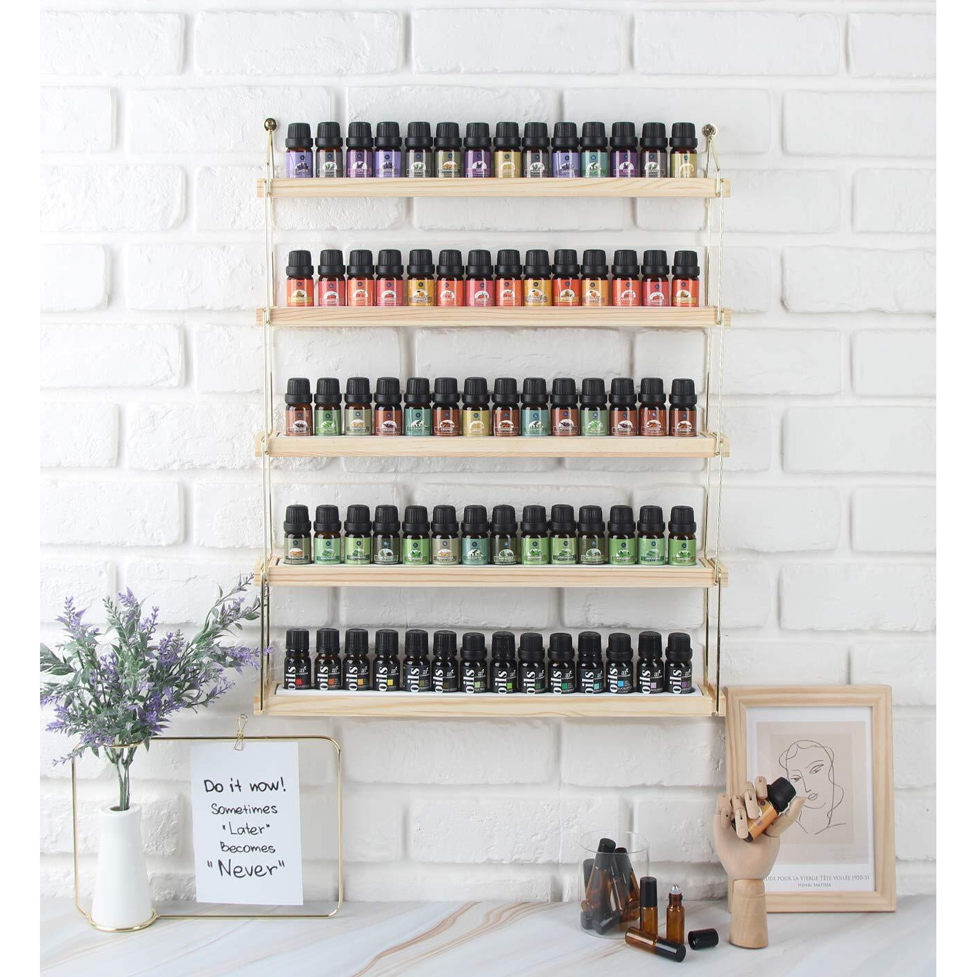 J Jackcube Design Wall Mount Essential Oils Display Shelf With 5 Tier For 70 Bottles Holder Gold Frame And Wood Rack Organizer - Mk482B
