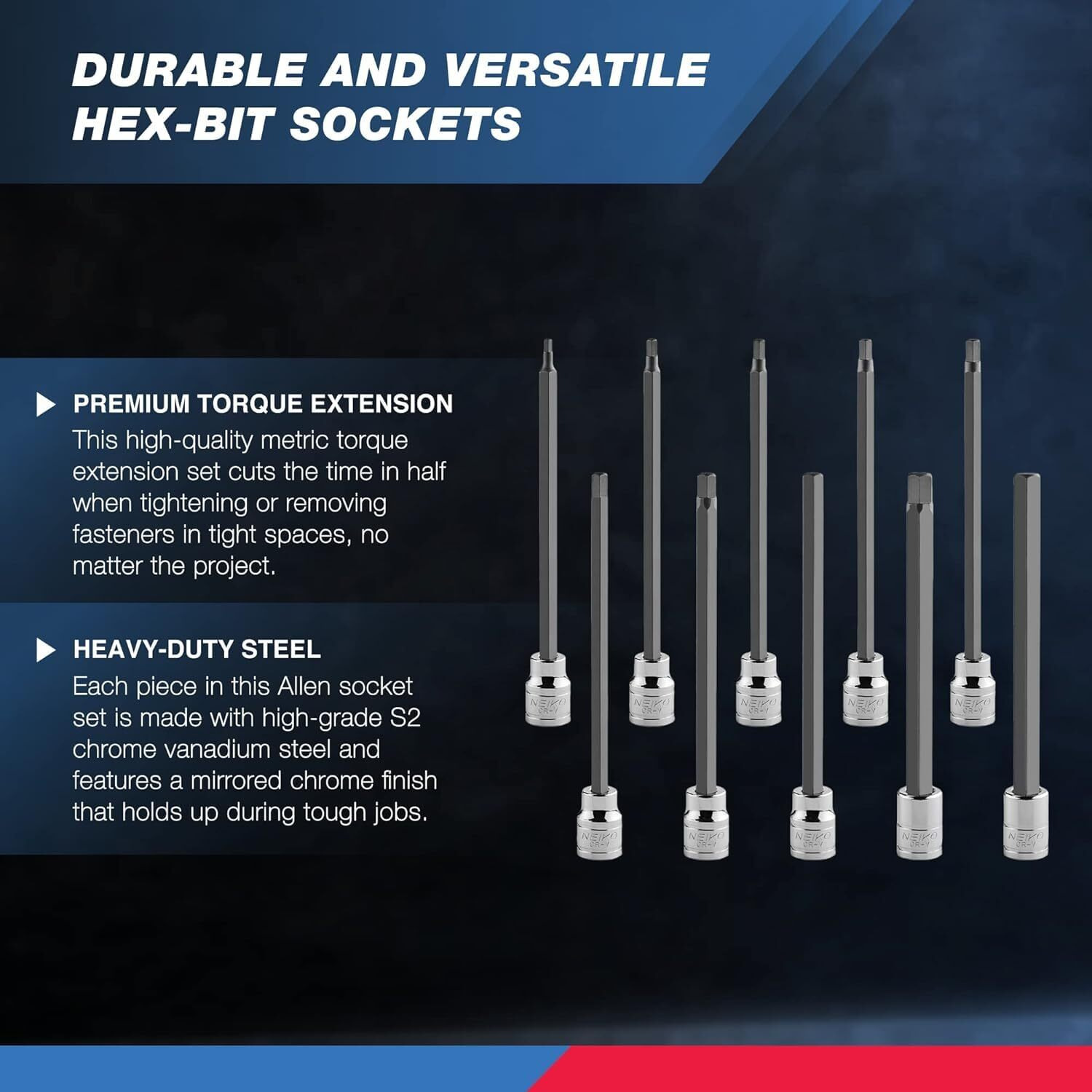 Neiko 10077A 3/8    Drive Metric Extra Long Allen Hex Bit Socket Set | 10 Pieces | Sizes 3Mm - 10Mm | Shaft Length 6    | Premium S2 Steel Bits | Heavy Duty Cr-V Sockets | Exceeds Ansi Standards