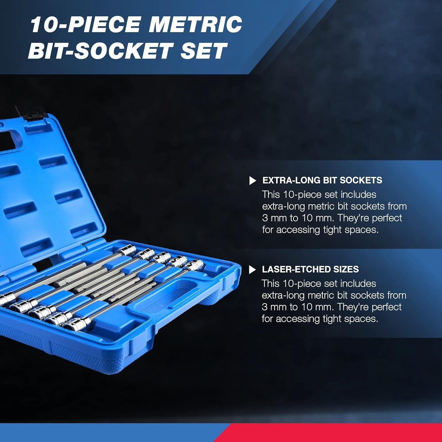 Neiko 10077A 3/8    Drive Metric Extra Long Allen Hex Bit Socket Set | 10 Pieces | Sizes 3Mm - 10Mm | Shaft Length 6    | Premium S2 Steel Bits | Heavy Duty Cr-V Sockets | Exceeds Ansi Standards