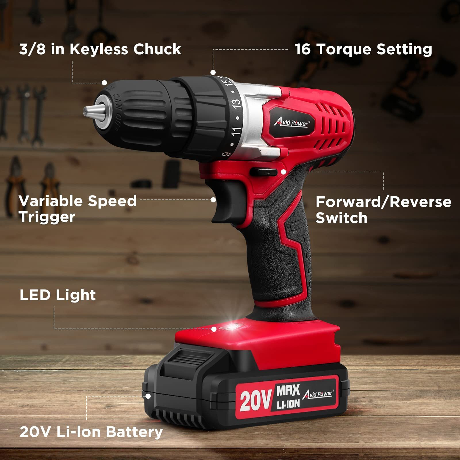Avid Power 20V Max Lithium Lon Cordless Drill Set, Power Drill Kit With Battery And Charger, 3/8-Inch Keyless Chuck, Variable Speed, 16 Position And 22Pcs Drill Bits (Red)