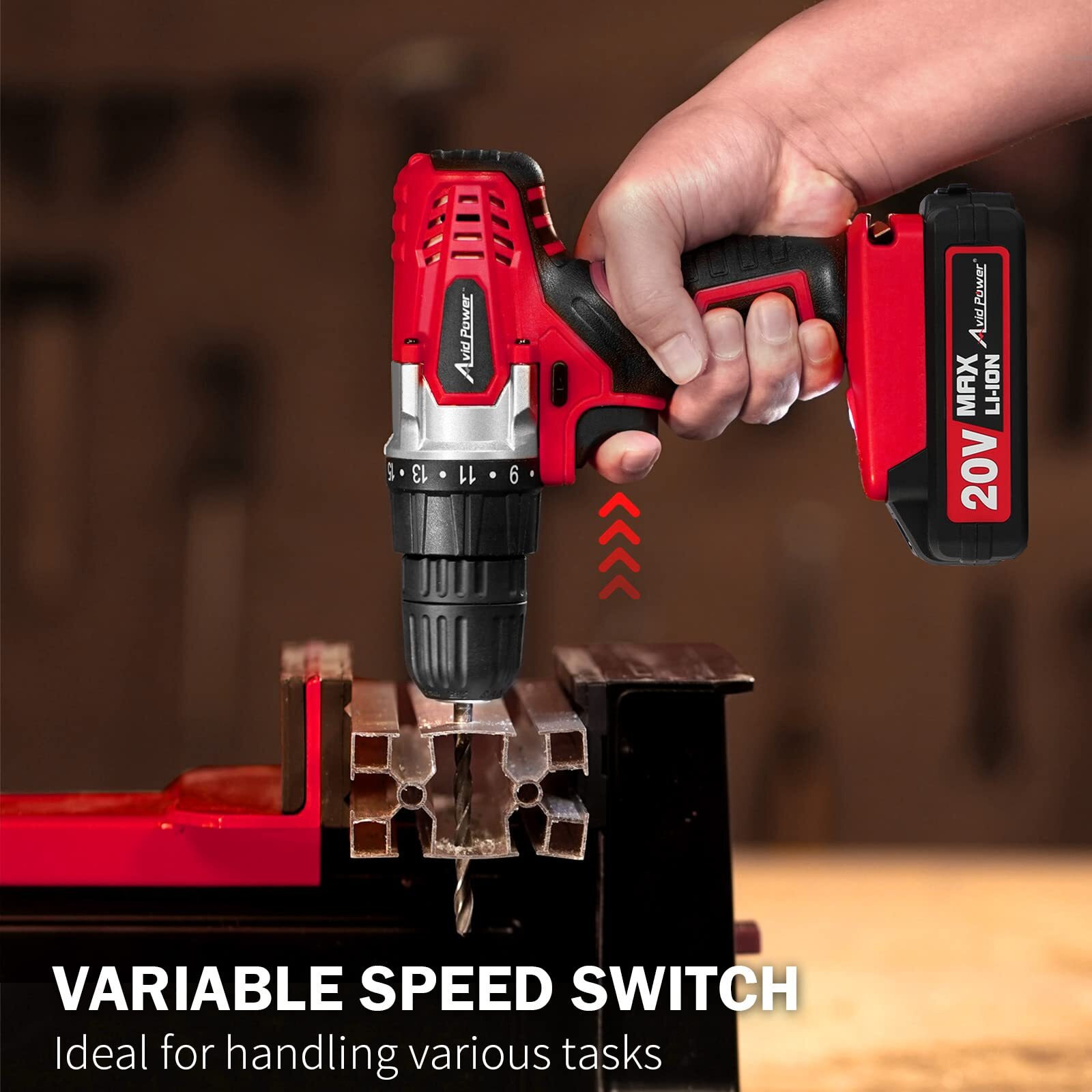 Avid Power 20V Max Lithium Lon Cordless Drill Set, Power Drill Kit With Battery And Charger, 3/8-Inch Keyless Chuck, Variable Speed, 16 Position And 22Pcs Drill Bits (Red)