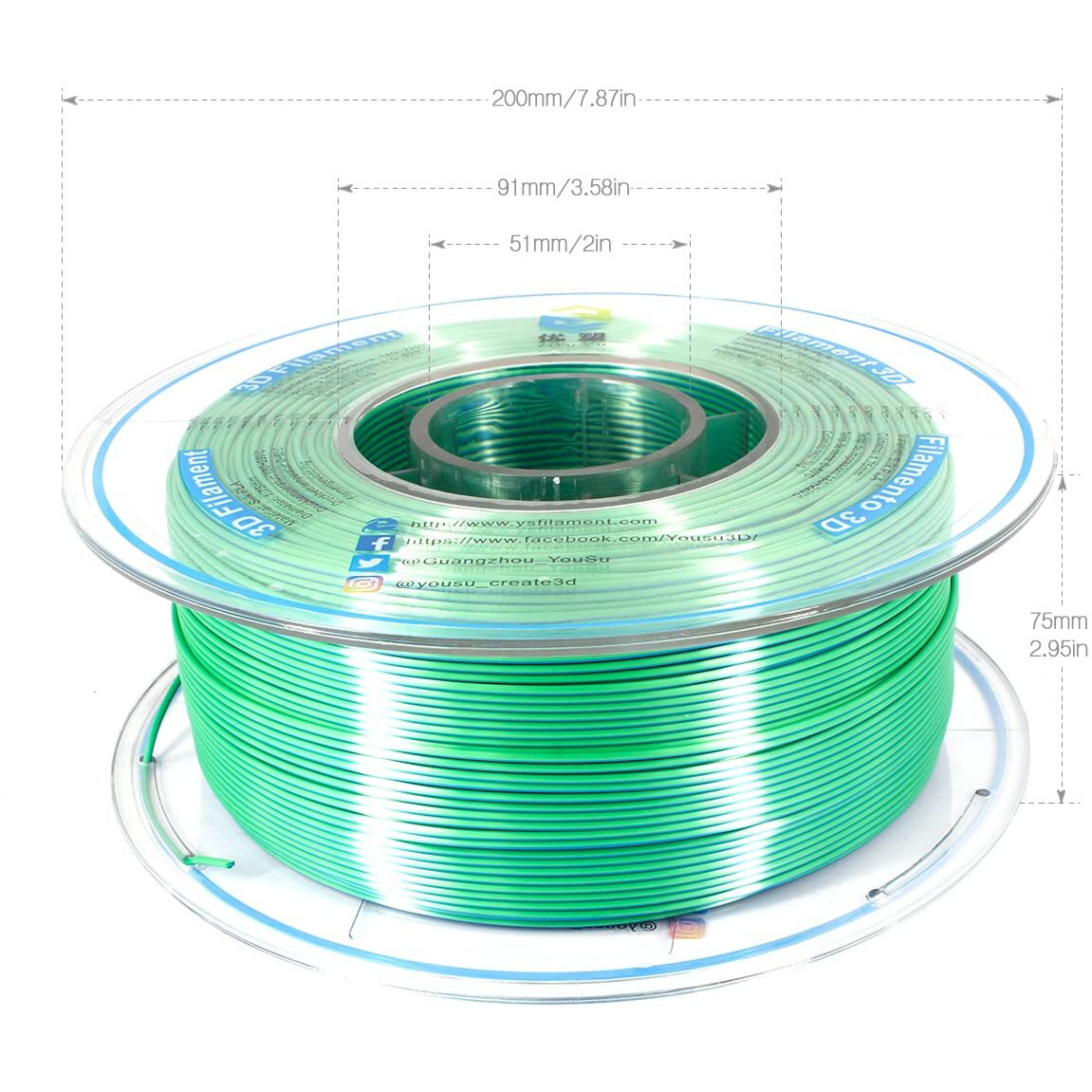 Yousu Silk Pla Filament 1.75Mm, 3D Printer Filament Coextrusion Filament Dual Color, Compatible With Most Of 3D Printer, Silk Blue Green 1Kg(2.2Lbs).