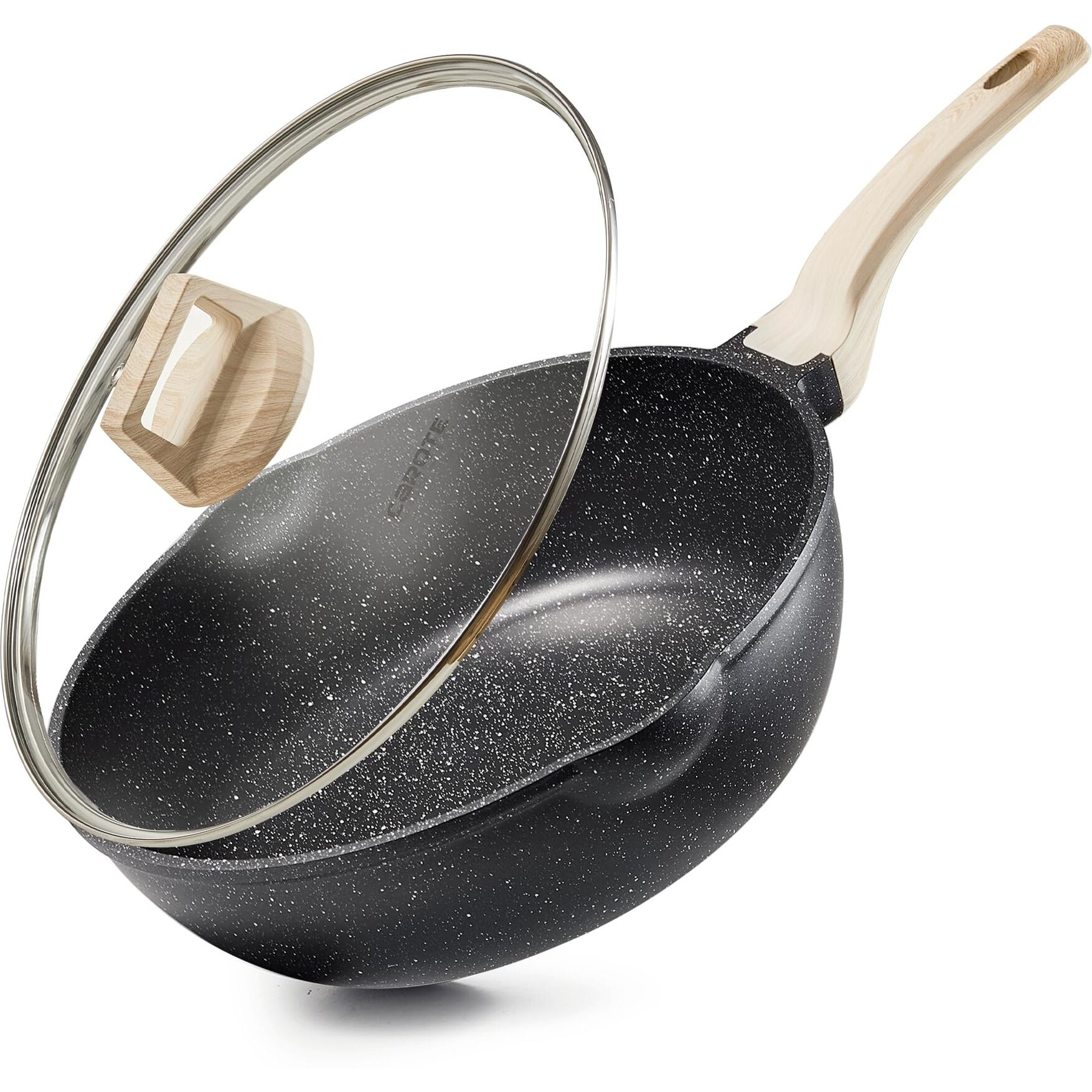 Carote 12Inch Nonstick Deep Frying Pan With Lid, 5.5 Qt Jumbo Cooker Saute Pan With Pour Spout, Skillet Induction Cookware, Non Stick Cooking Pan Pfoa Free, Classic Granite