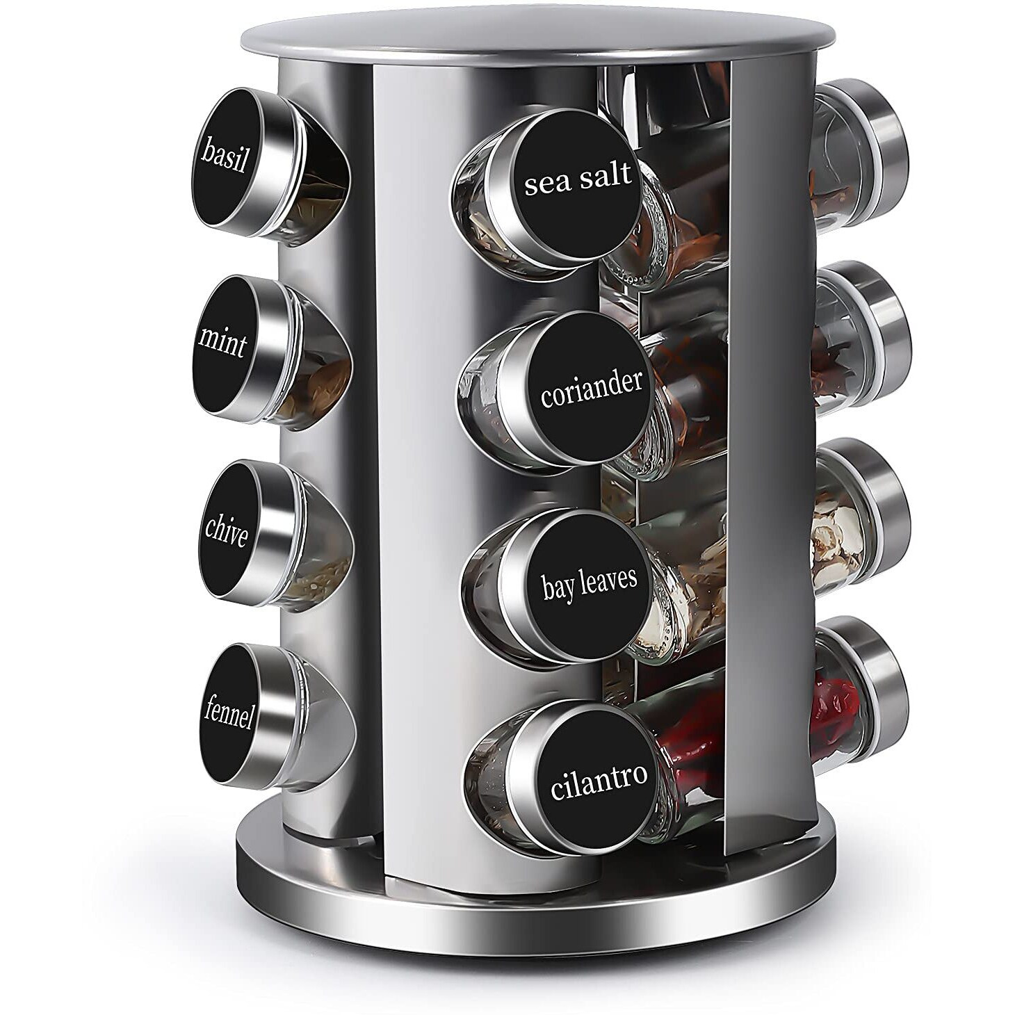 Double 2 C Revolving Countertop Spice Rack Stainless Steel Seasoning Storage Organization,Spice Carousel Tower For Kitchen Set Of 16 Jars (16Jars)