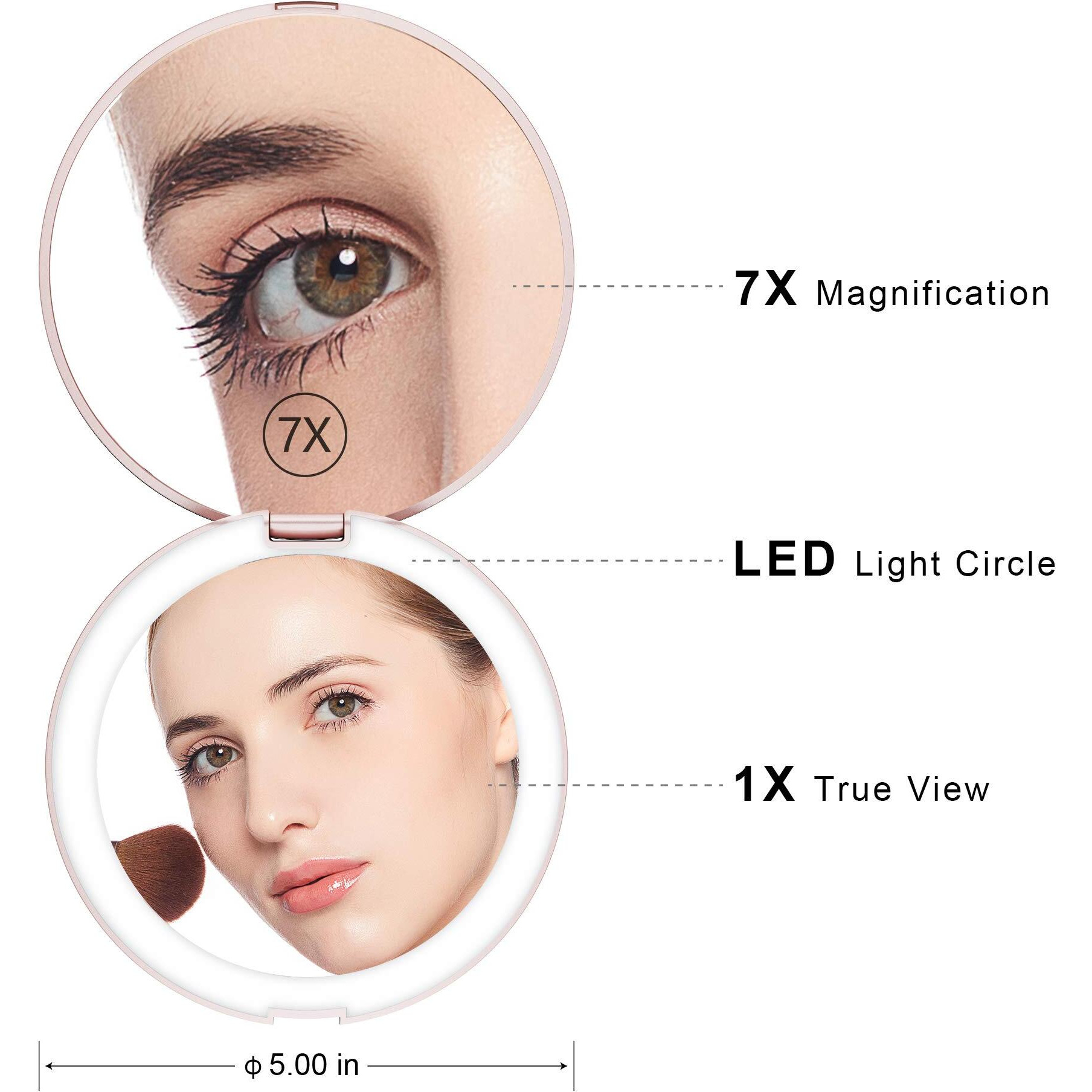 Benbilry Led Lighted Compact Travel Makeup Mirror With Lights, 1X/7X Magnification, 5 Inch Dual Sided Portable Illuminated - Perfect For Handbag