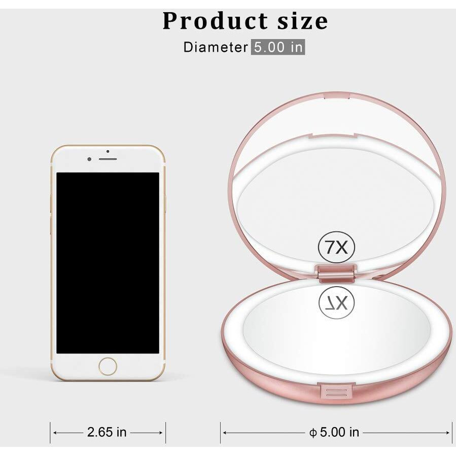 Benbilry Led Lighted Compact Travel Makeup Mirror With Lights, 1X/7X Magnification, 5 Inch Dual Sided Portable Illuminated - Perfect For Handbag