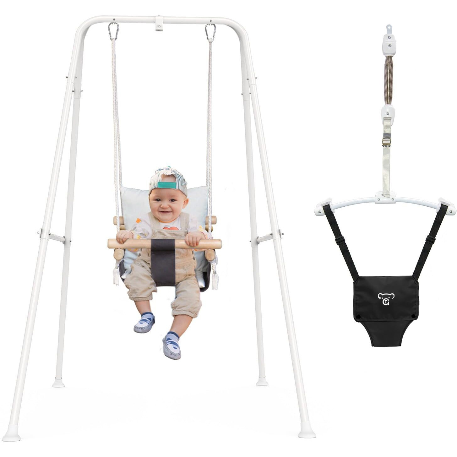 Ragozonery 2 In 1 Baby Jumper With Toddler Swing, Baby Jumpers And Bouncers,Indoor Outdoor Toddler Swing Set, Cotton, White
