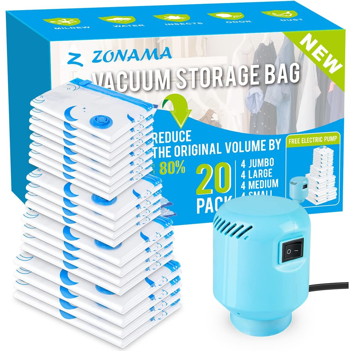 Vacuum Storage Bags With Electric Air Pump, 20 Pack (4 Jumbo, 4 Large, 4 Medium, 4 Small, 4 Roll Up Bags) Space Saving Bag For Clothes, Mattress, Blanket, Duvets, Pillows, Comforters,Travel