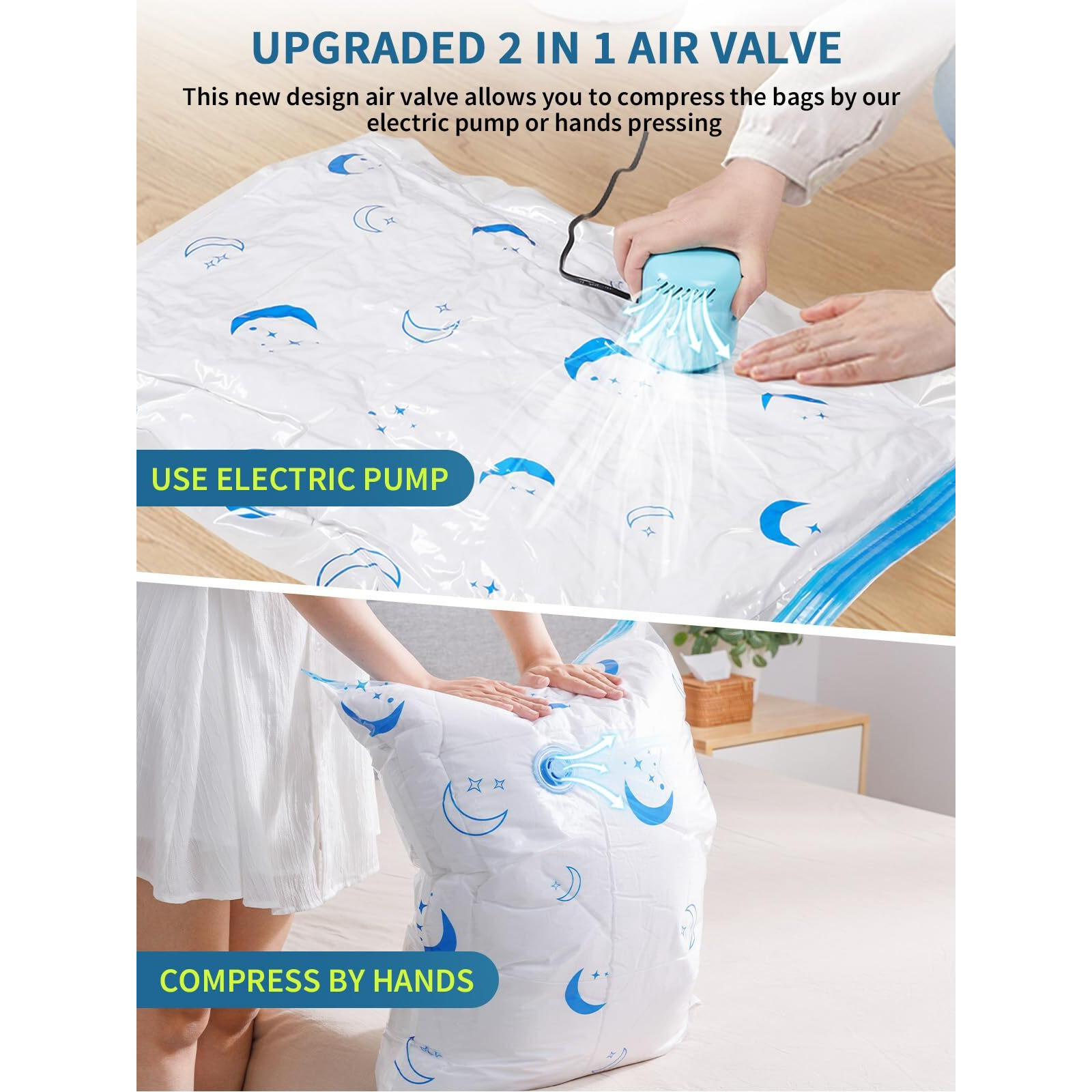 Vacuum Storage Bags With Electric Air Pump, 20 Pack (4 Jumbo, 4 Large, 4 Medium, 4 Small, 4 Roll Up Bags) Space Saving Bag For Clothes, Mattress, Blanket, Duvets, Pillows, Comforters,Travel