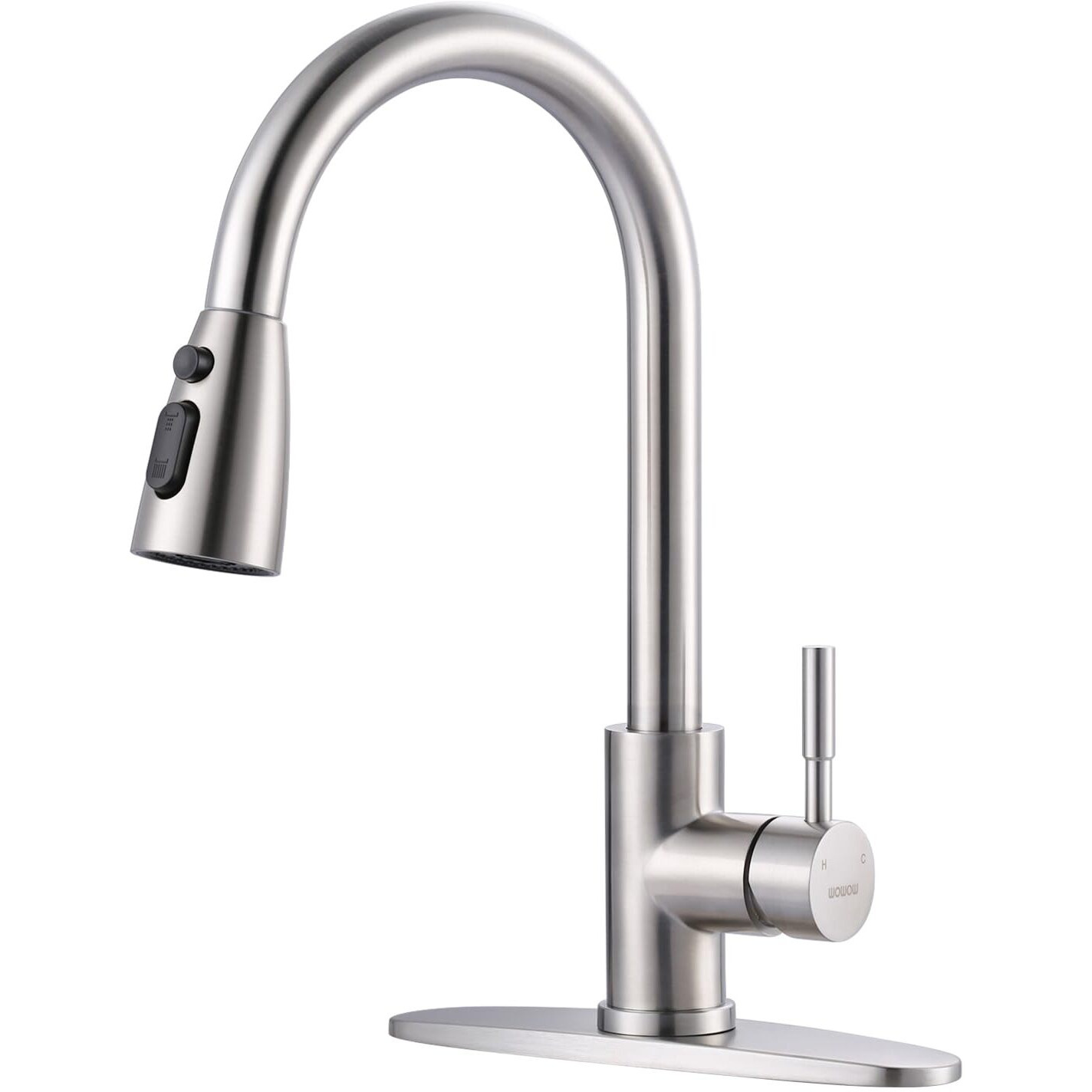 Wowow Kitchen Faucet With Sprayer, Kitchen Sink Faucet, Sus 304 Stainless Steel, High Arc Single Handle Brushed Nickel Kitchen Faucets With Pull Down Sprayer, Pull Out Kitchen Faucet With Deck Plate