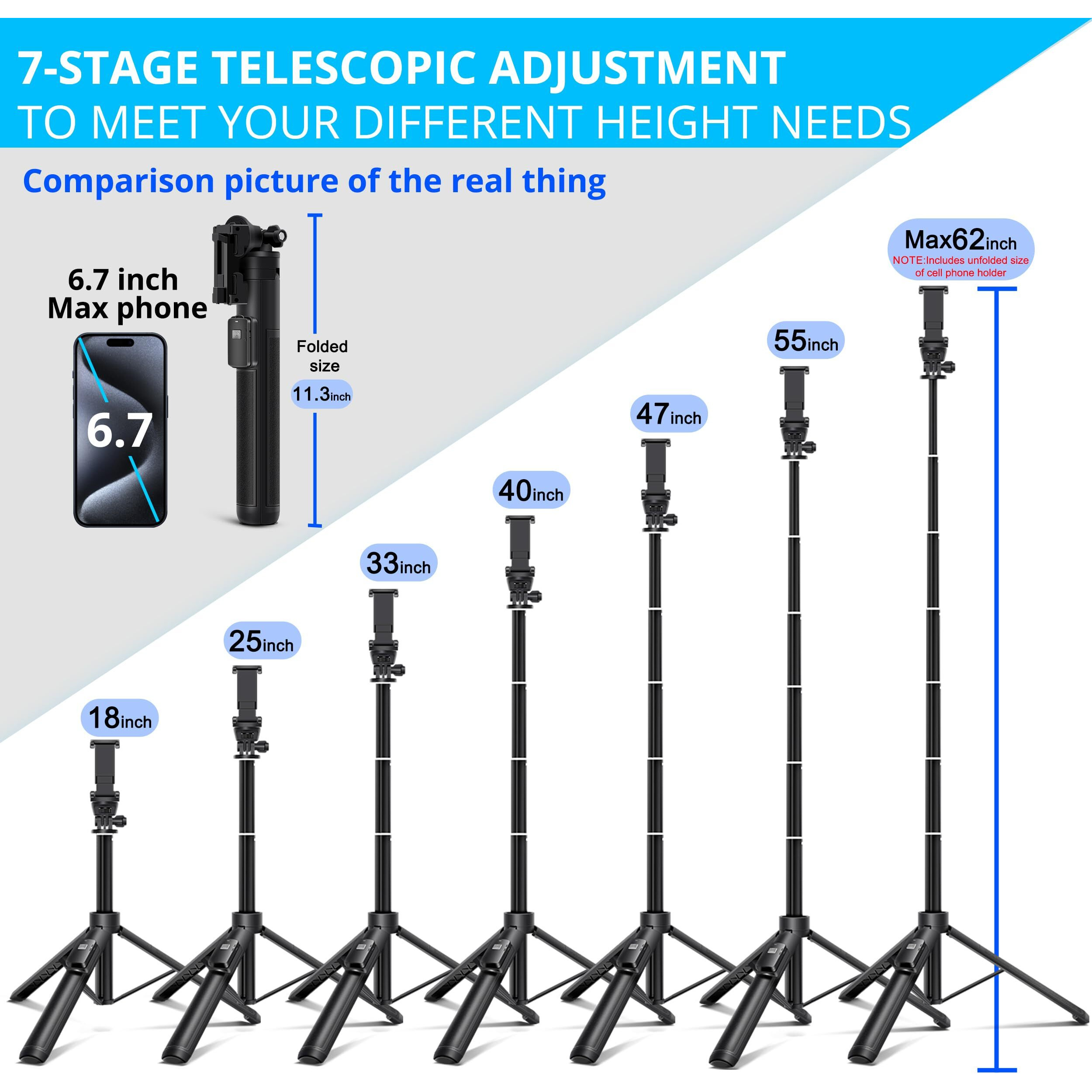 Bze Selfie Stick,62 Inches Long Extendable Selfie Stick Tripod, Phone Tripod With Wireless Remote Shutter,Group Selfies/Live Streaming/Video Recording Compatible With All Cellphones