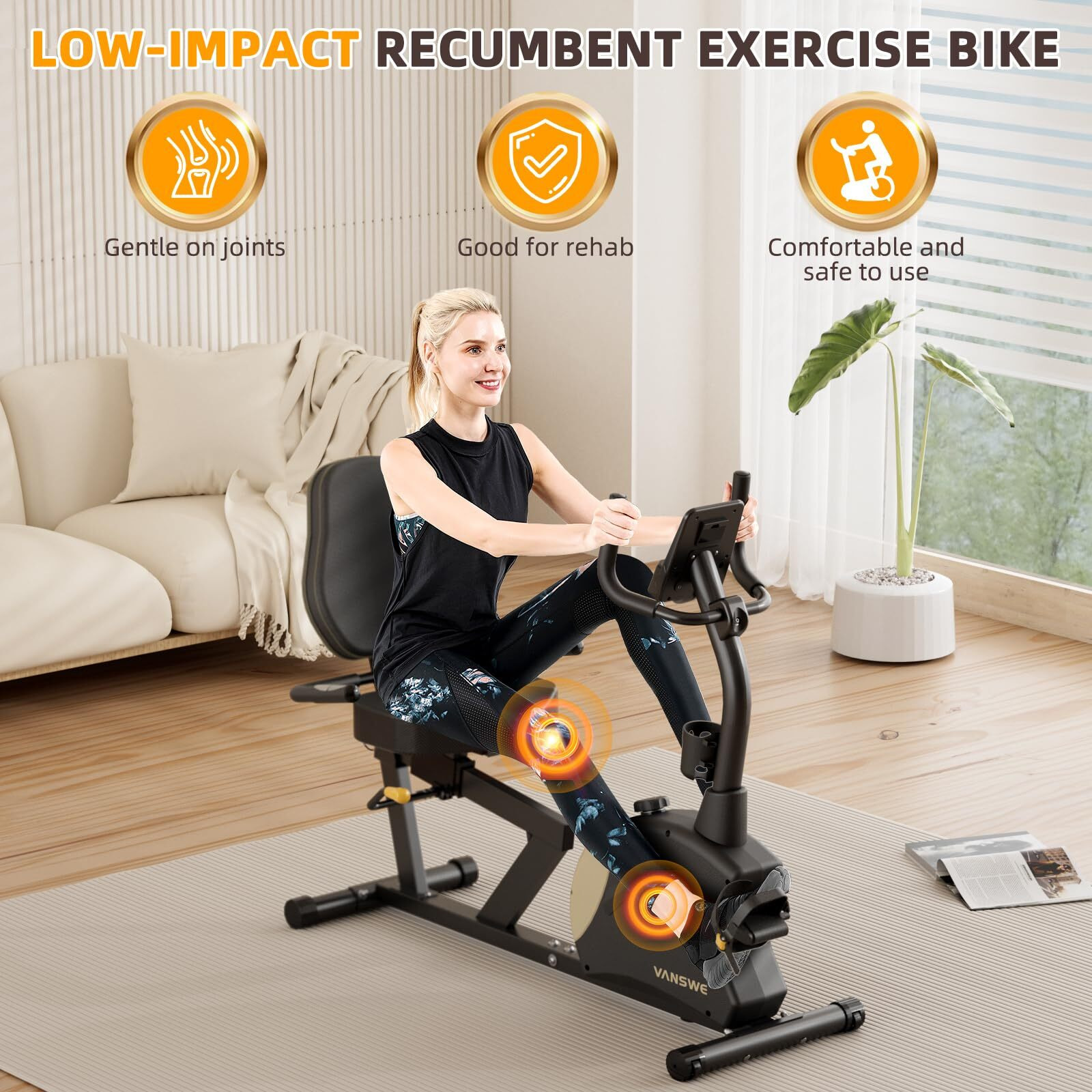 Vanswe Recumbent Exercise Bike, Recumbent Stationary Bikes For Home 400 Lbs Weight Capacity, Exercise Bike For Home Seniors With Smart App And Bluetooth Connectivity, Led Display, Pulse Handle (Black)