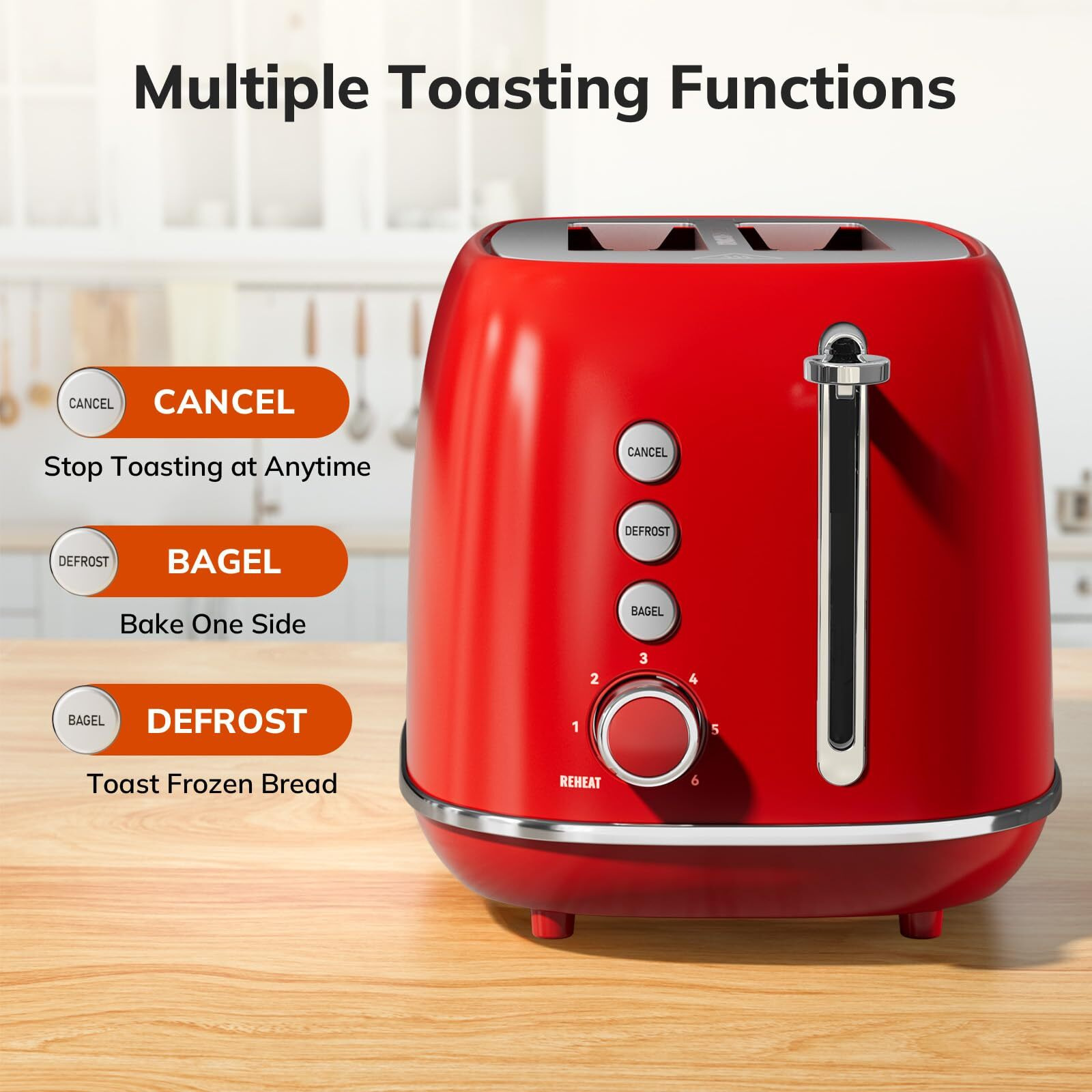 2 Slice Stainless Steel Toaster Retro With 6 Bread Shade Settings, Bagel, Cancel, Defrost Function, Extra Wide Slot, Removable Crumb Tray, Red