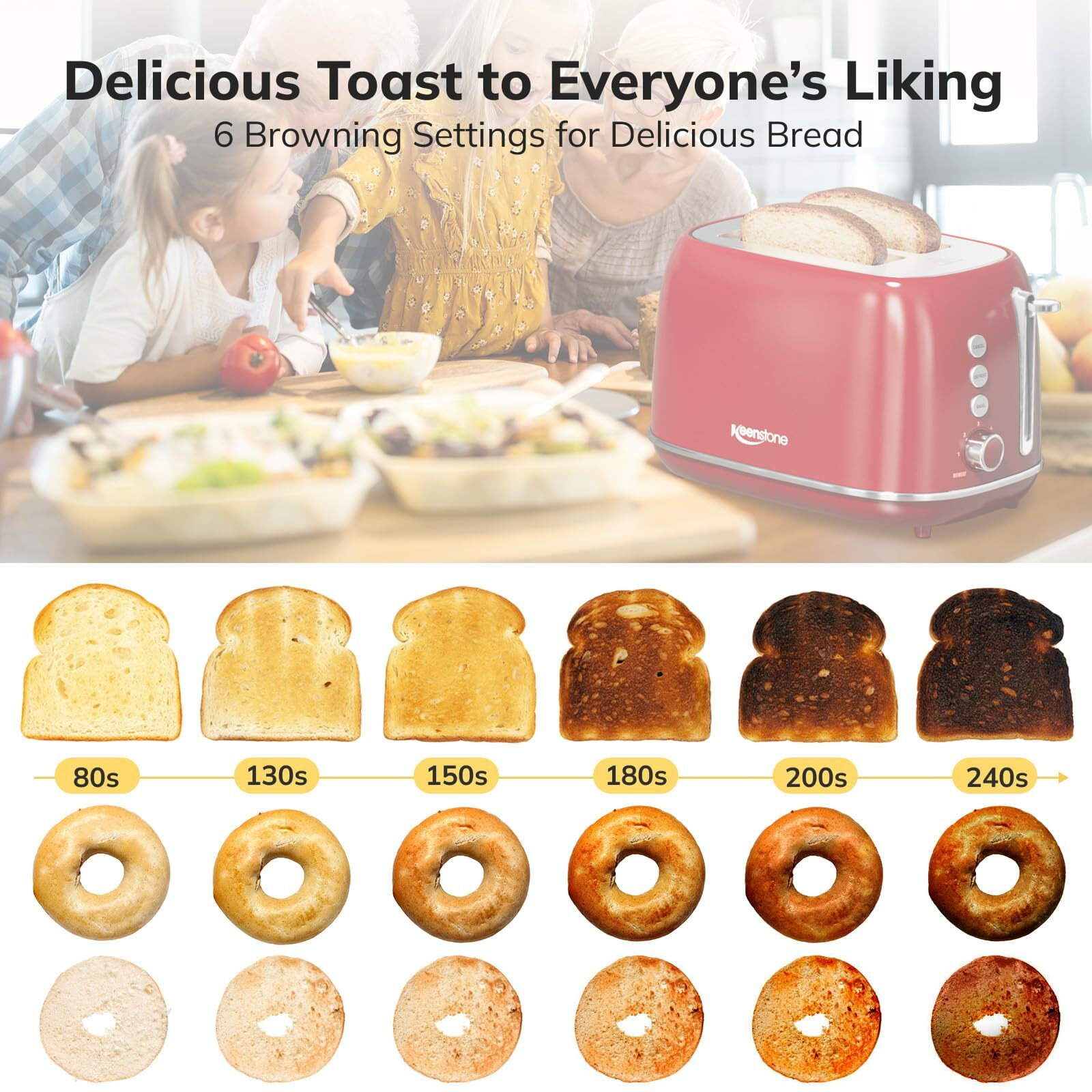 2 Slice Stainless Steel Toaster Retro With 6 Bread Shade Settings, Bagel, Cancel, Defrost Function, Extra Wide Slot, Removable Crumb Tray, Red