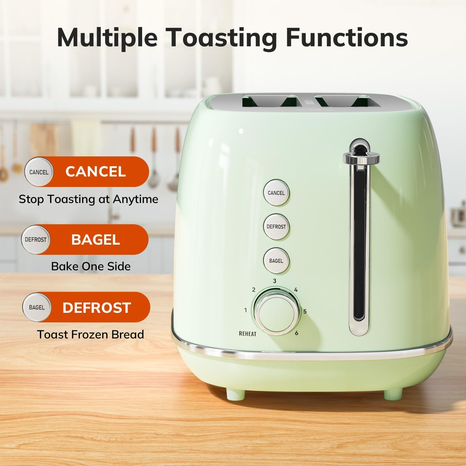 2 Slice Toaster Retro Stainless Steel Toaster With Bagel, Cancel, Defrost Function And 6 Bread Shade Settings Bread Toaster, Extra Wide Slot And Removable Crumb Tray (Green)