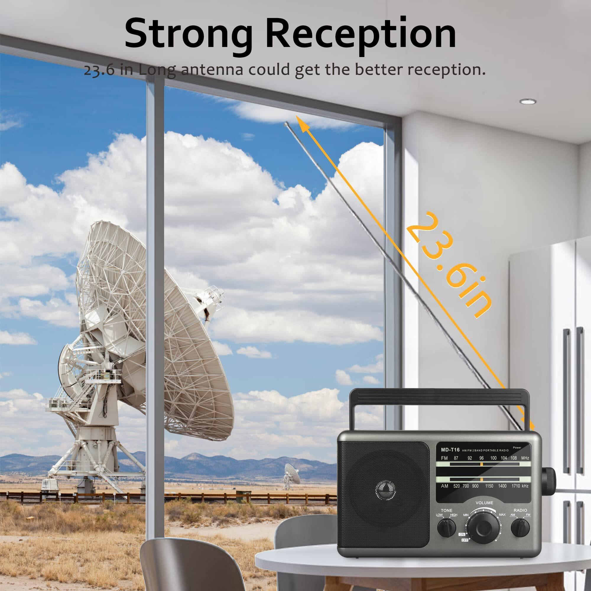 Am Fm Portable Radio Battery Operated Radio By 4X D Cell Batteries Or Ac Power Transistor Radio With And Big Speaker, Standard Earphone Jack, High/Low Tone Mode, Large Knob