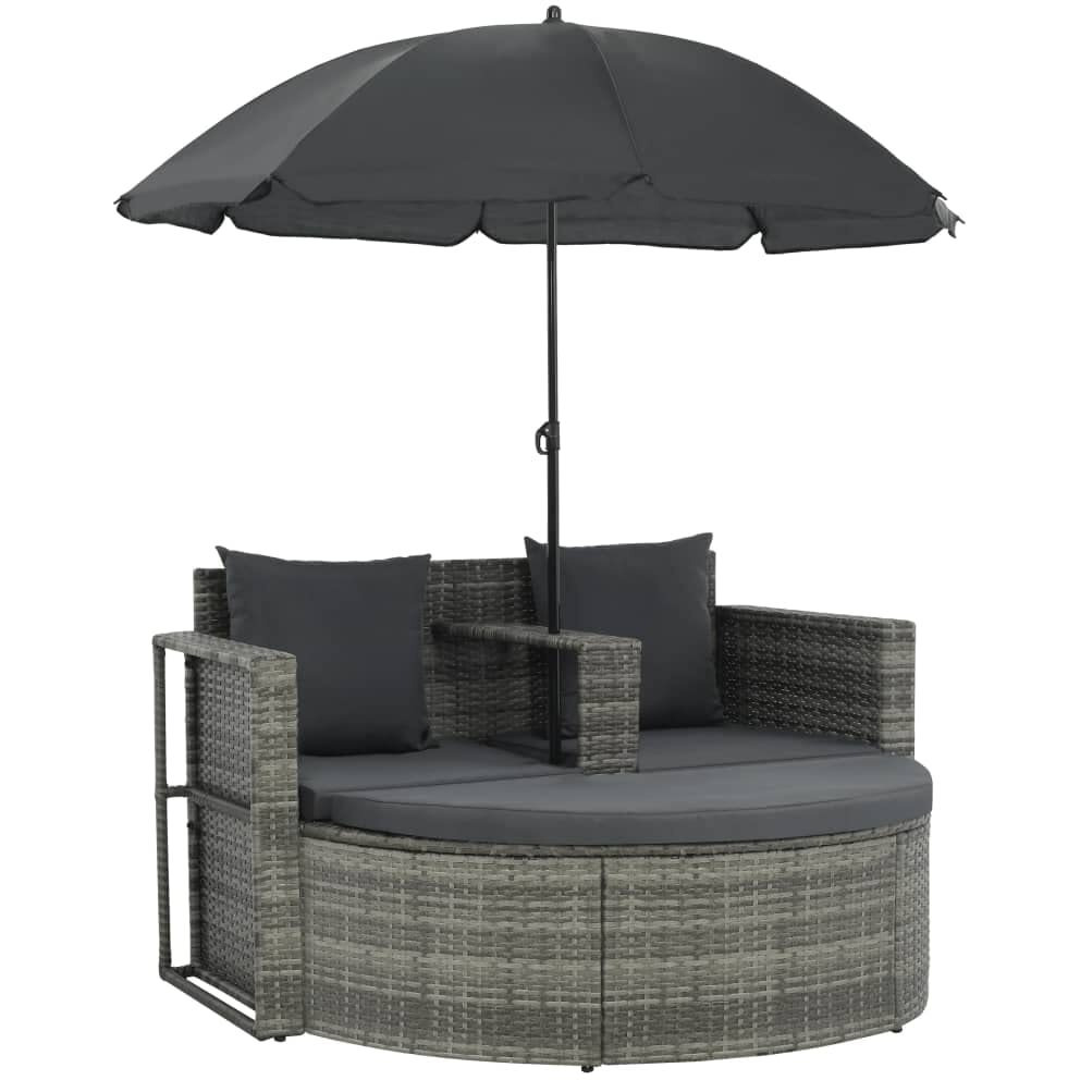 Vidaxl 2 Seater Patio Sofa With Cushions And Parasol - Garden And Outdoor Decor - Weather Resistant Poly Rattan Furniture - Gray Color