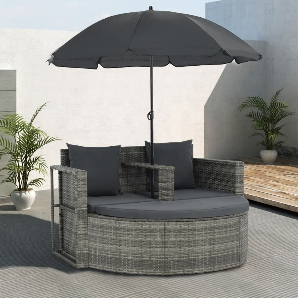 Vidaxl 2 Seater Patio Sofa With Cushions And Parasol - Garden And Outdoor Decor - Weather Resistant Poly Rattan Furniture - Gray Color