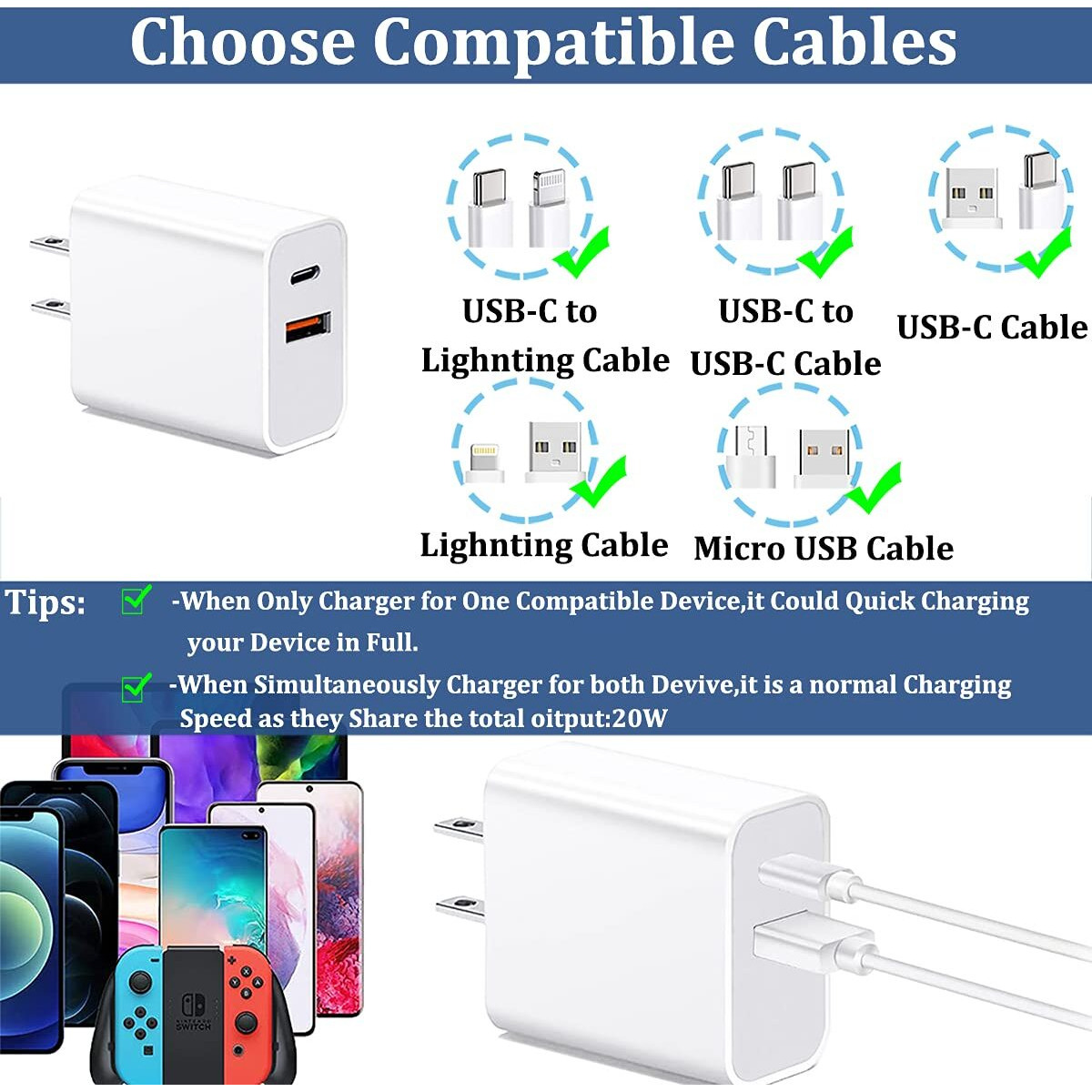 Usb C Wall Charger Block, 20W Fast Speed Charging Box With Micro Plug Cube For Apple Watch Series 8 7, New Iphone 12 13 14 Pro/Pro Max, Xr/Xs/Se, Airpod Iwatch Ipad Pro/Air/Mini, Pixel 6 6A Phones