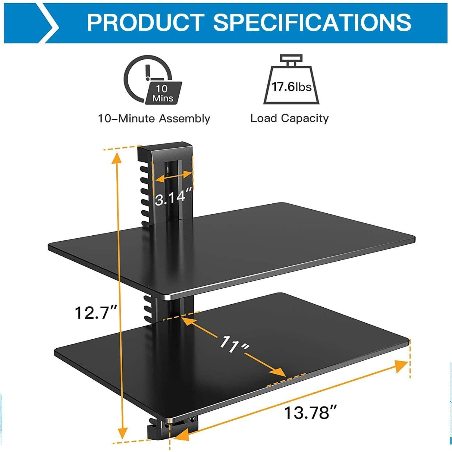 Perlesmith Floating Av Shelf Double Wall Mount Shelf - Holds Up To 16.5Lbs - Dvd Dvr Component Shelf With Strengthened Tempered Glass - Perfect For Ps4, Xbox, Tv Box And Cable Box, Black (Psdsk2)