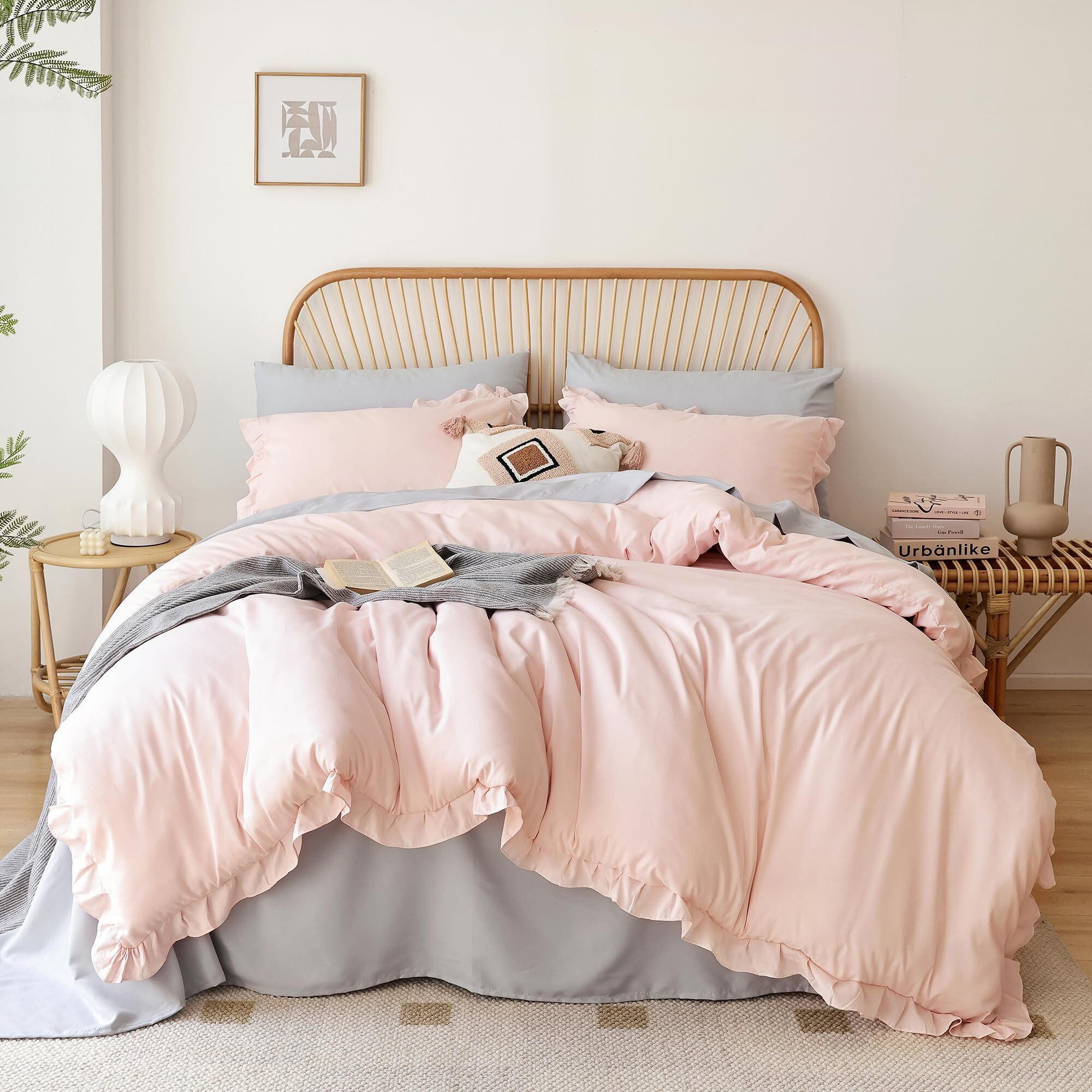 Janzaa Pink Comforter Set Queen Comforter Set 3Pcs (1 Ruffled Blush Comforter And 2 Pillowcases) Vintage Shabby Chic Bedding Soft Fluffy Comforter Set All Season