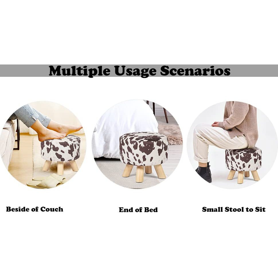 Homebeez Round Ottoman Stool Velvet Foot Rest, Small Footstool With Non-Skid Legs (Brown Cow)