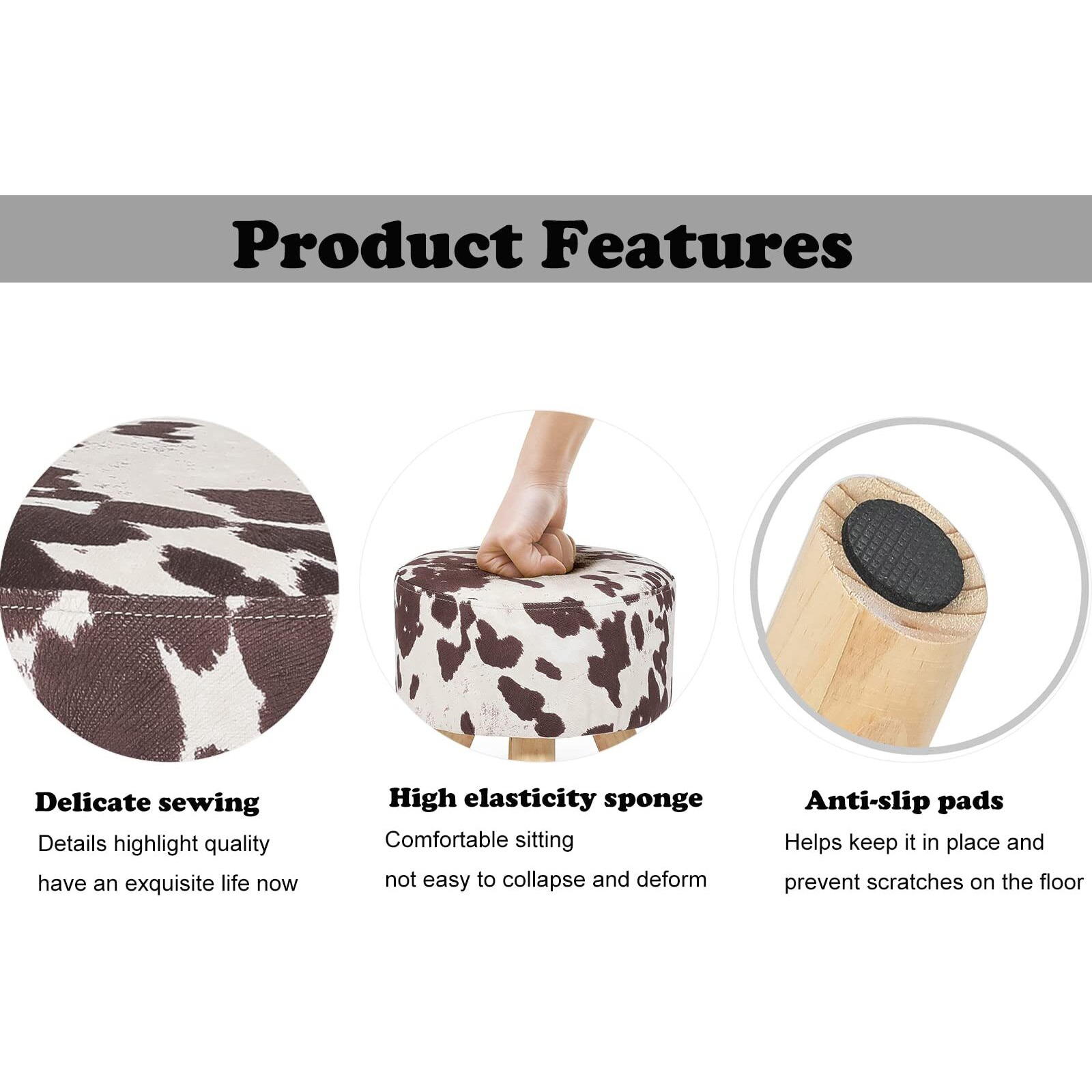 Homebeez Round Ottoman Stool Velvet Foot Rest, Small Footstool With Non-Skid Legs (Brown Cow)