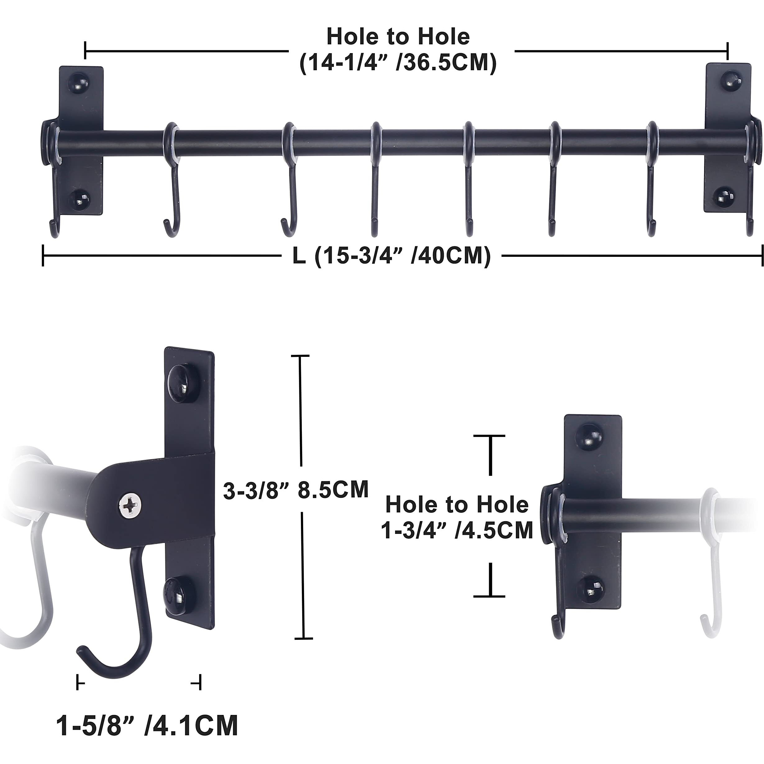 Dseap Kitchen Utensil Holder Hanger, Pot And Pan Rack Wall Mount, Kitchen Rail With 8 Hooks For Hanging Cooking Utensils, Mugs, Spoons, Wall Mounted, Stainless Steel, Black