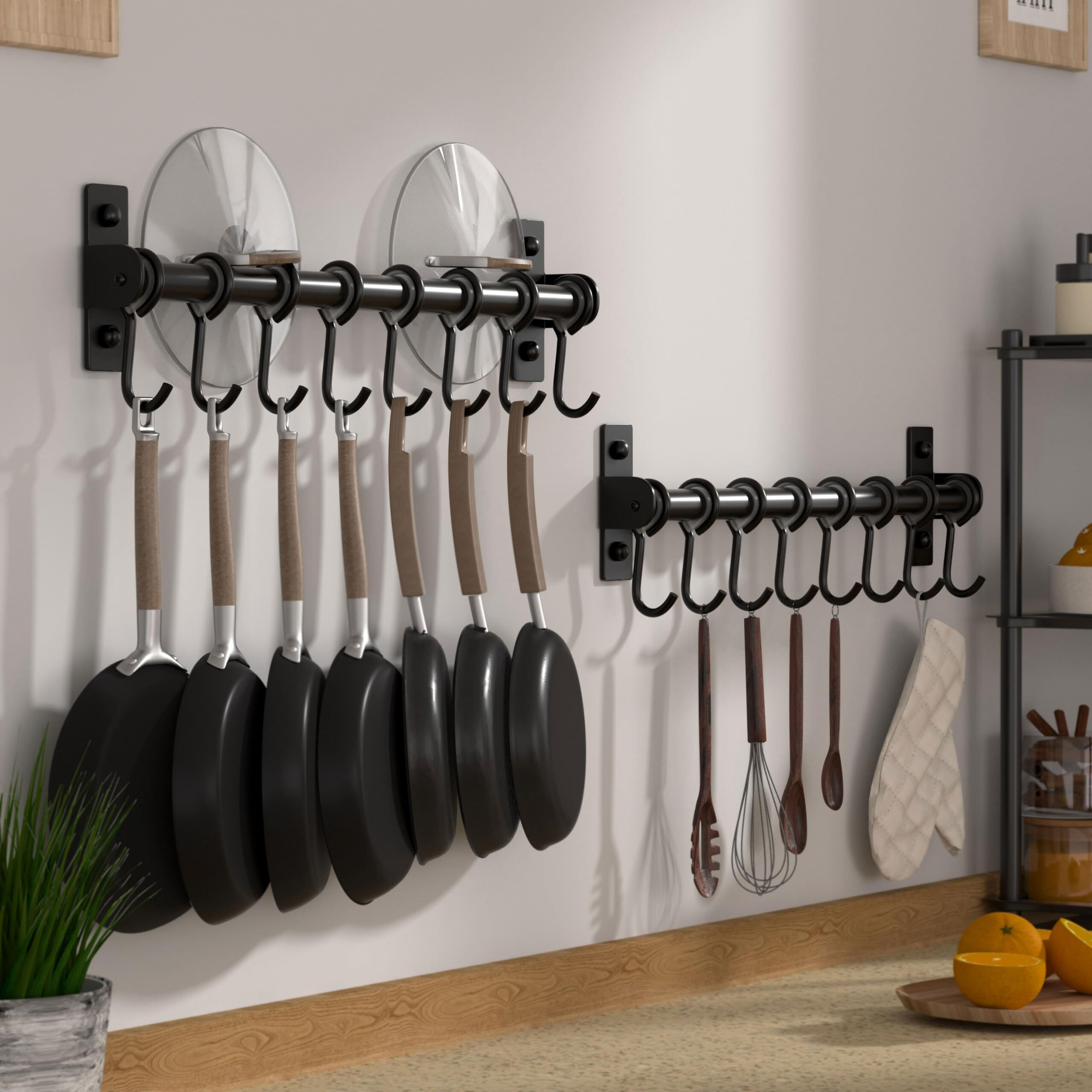 Dseap Kitchen Utensil Holder Hanger, Pot And Pan Rack Wall Mount, Kitchen Rail With 8 Hooks For Hanging Cooking Utensils, Mugs, Spoons, Wall Mounted, Stainless Steel, Black