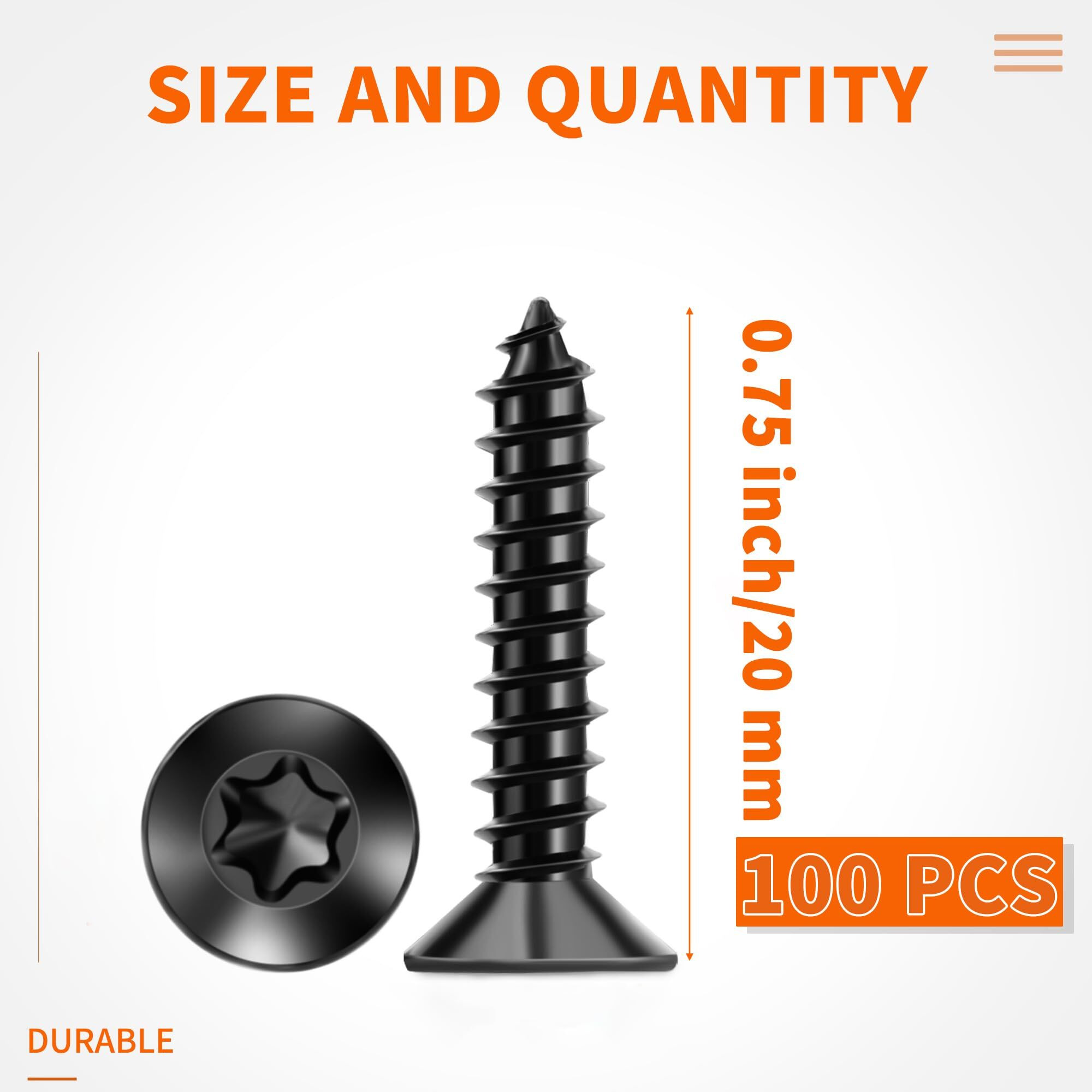 100 Pcs 8 X 3/4 Inch Black Coated Flat Head Torx/Star Wood Screws, Stainless Steel 18-8 (A2) Fully Threaded No.8 X 0.75 Length Screw By Tpohh