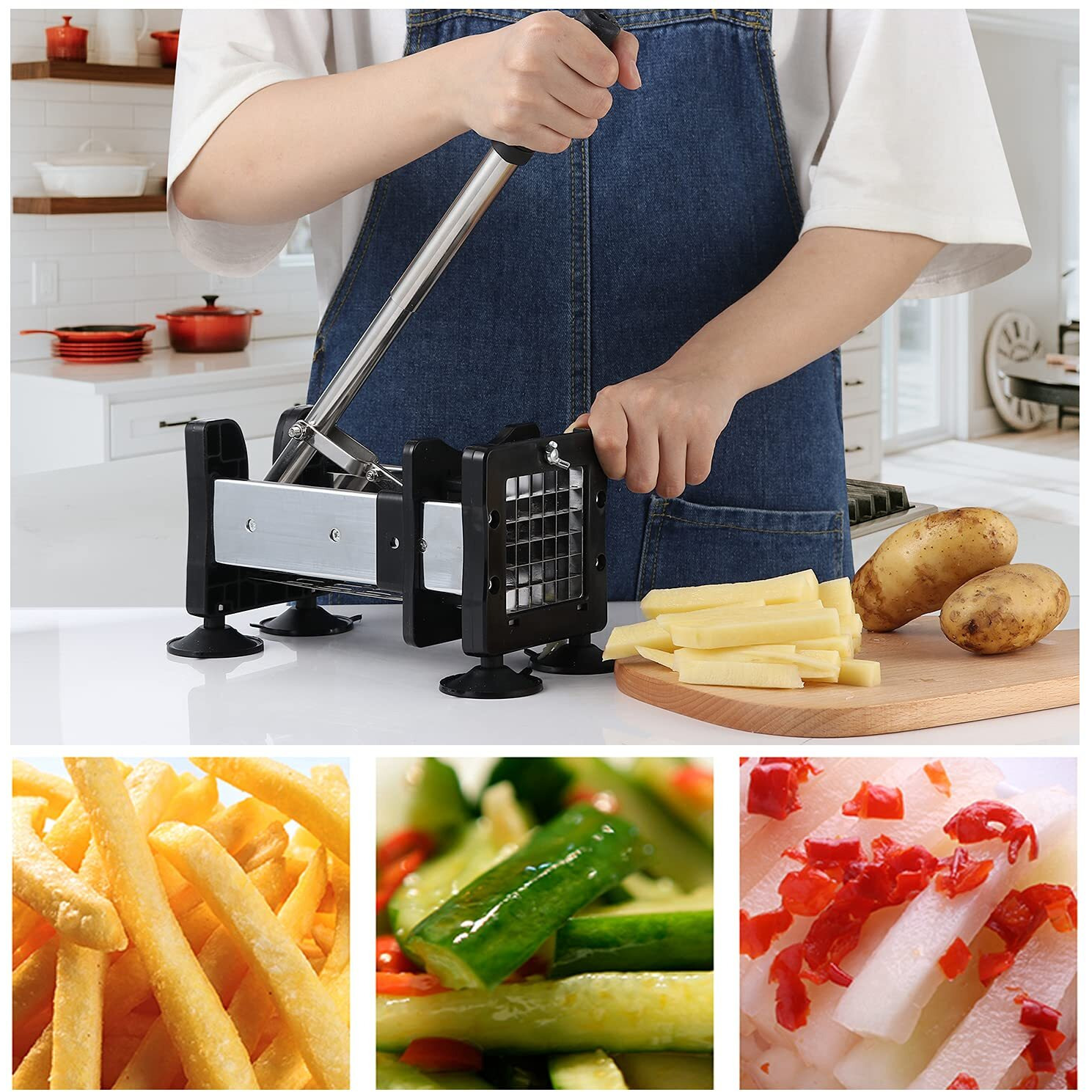 Votron French Fry Cutter Potato Cutter Stainless Steel With 2 Size Durable Blades For Vegetables, Potato, Onions, Carrots, Cucumbers, Fruits, Apples