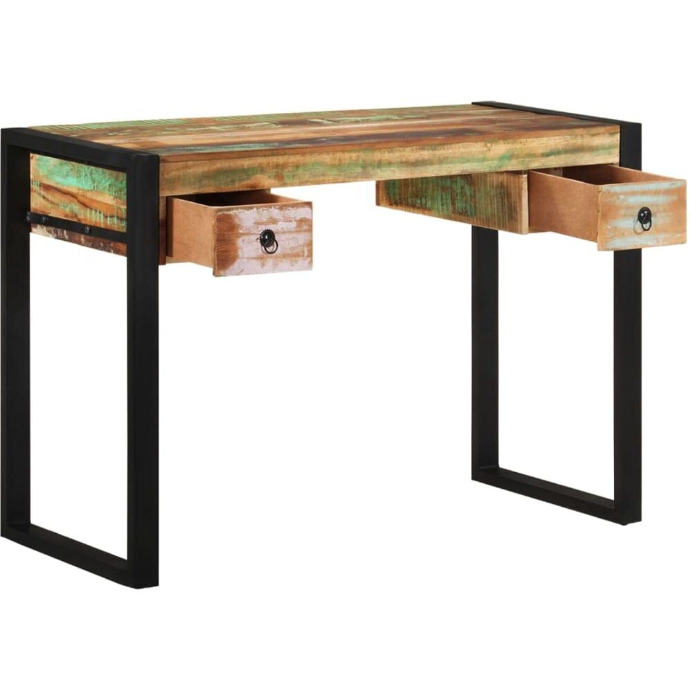 Vidaxl Solid Reclaimed Wood Desk, Vintage Style Study Table With Steel Frame, 2 Drawers, Multicolor