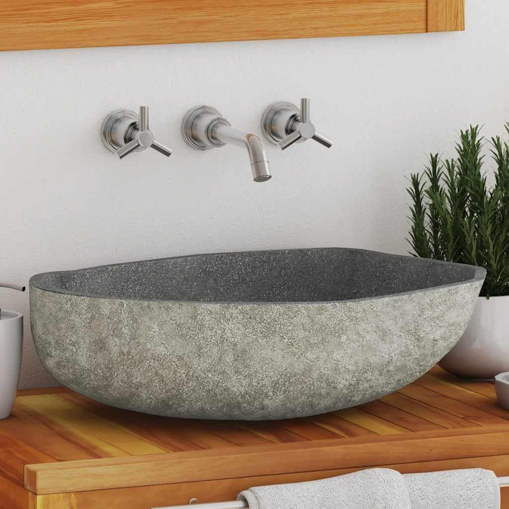 Vidaxl Bathroom Basin, Vessel Sink, Countertop Vanity Sink, Naturally Varied Shape And Color Tone, Easy Assembly, (17.7""-20.9"") X(13.4""-16.1"") X4.5"" River Stone