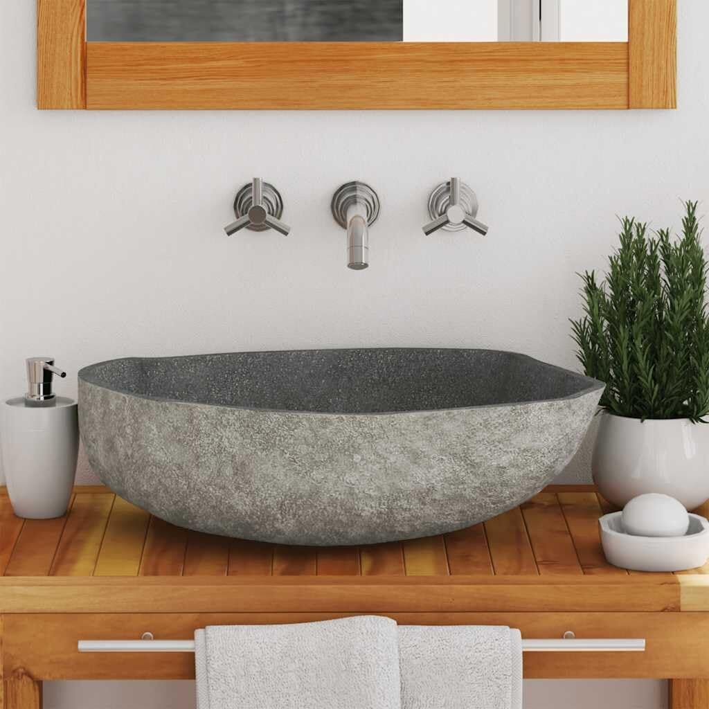 Vidaxl Bathroom Basin, Vessel Sink, Countertop Vanity Sink, Naturally Varied Shape And Color Tone, Easy Assembly, (17.7""-20.9"") X(13.4""-16.1"") X4.5"" River Stone