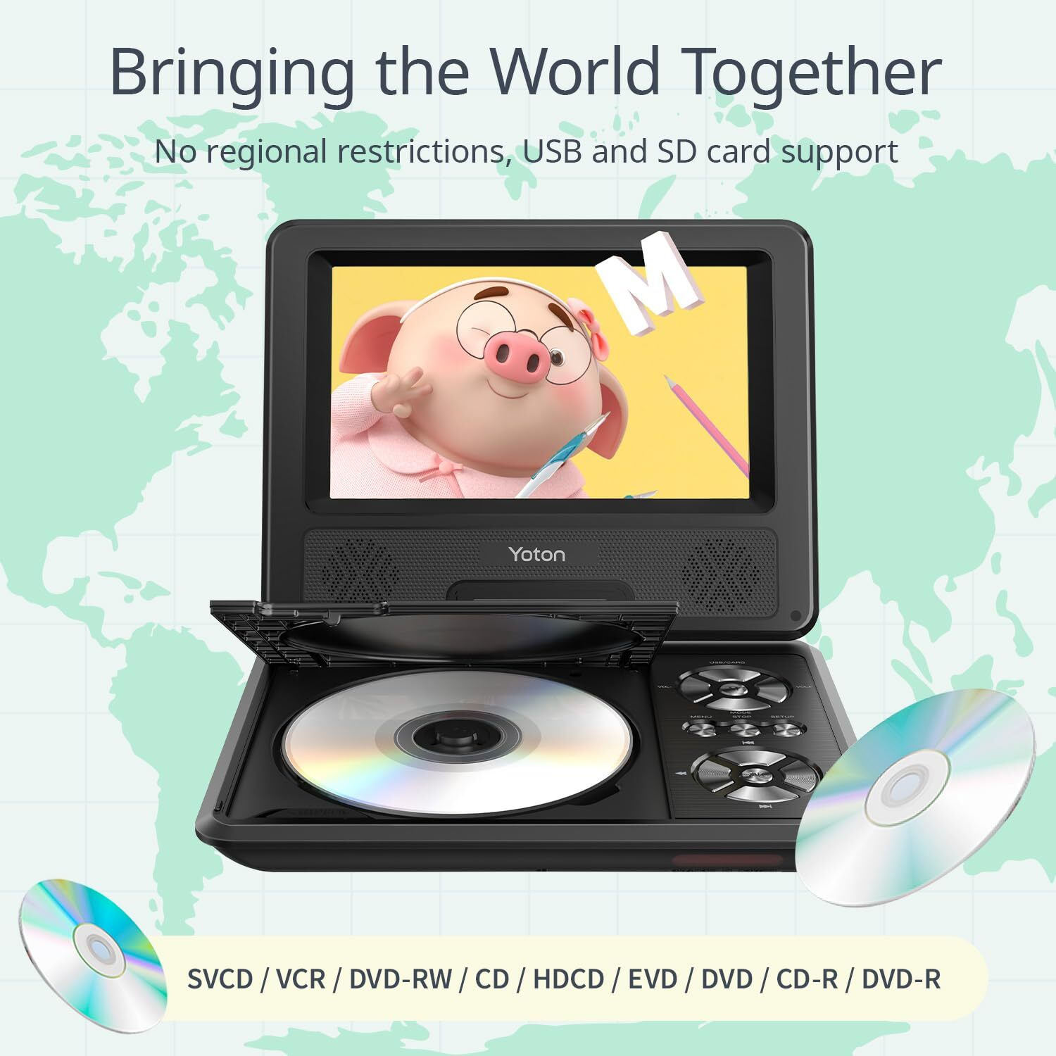 Yoton 9.5"" Portable Dvd Player For Kids And Car, 7.5"" Swivel Hd Screen With 4-6 Hours Built-In Battery, Support Sync Screen To Tv, Support Usb/Sd Card/Multiple Disc Formats