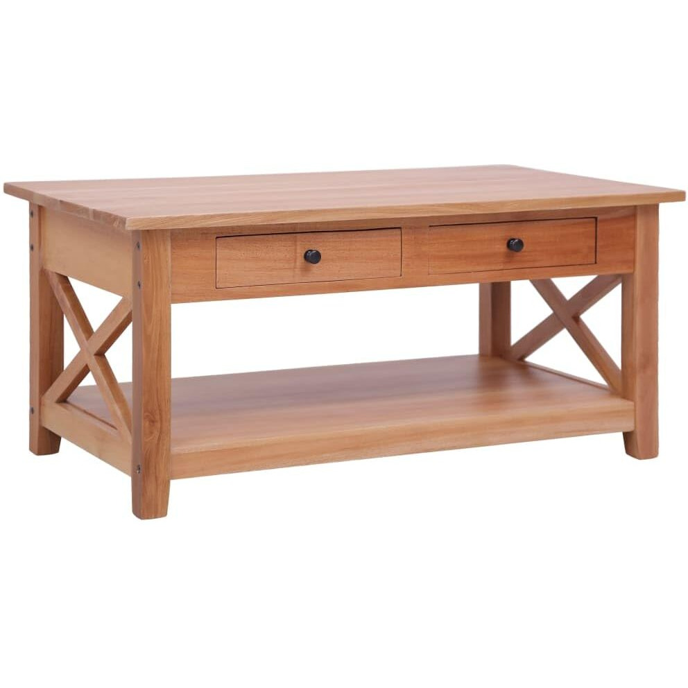 Vidaxl Natural Solid Mahogany Wood Coffee Table With Drawers And Shelf - Elegant Rectangular Living Room Furniture With Brass Knobs